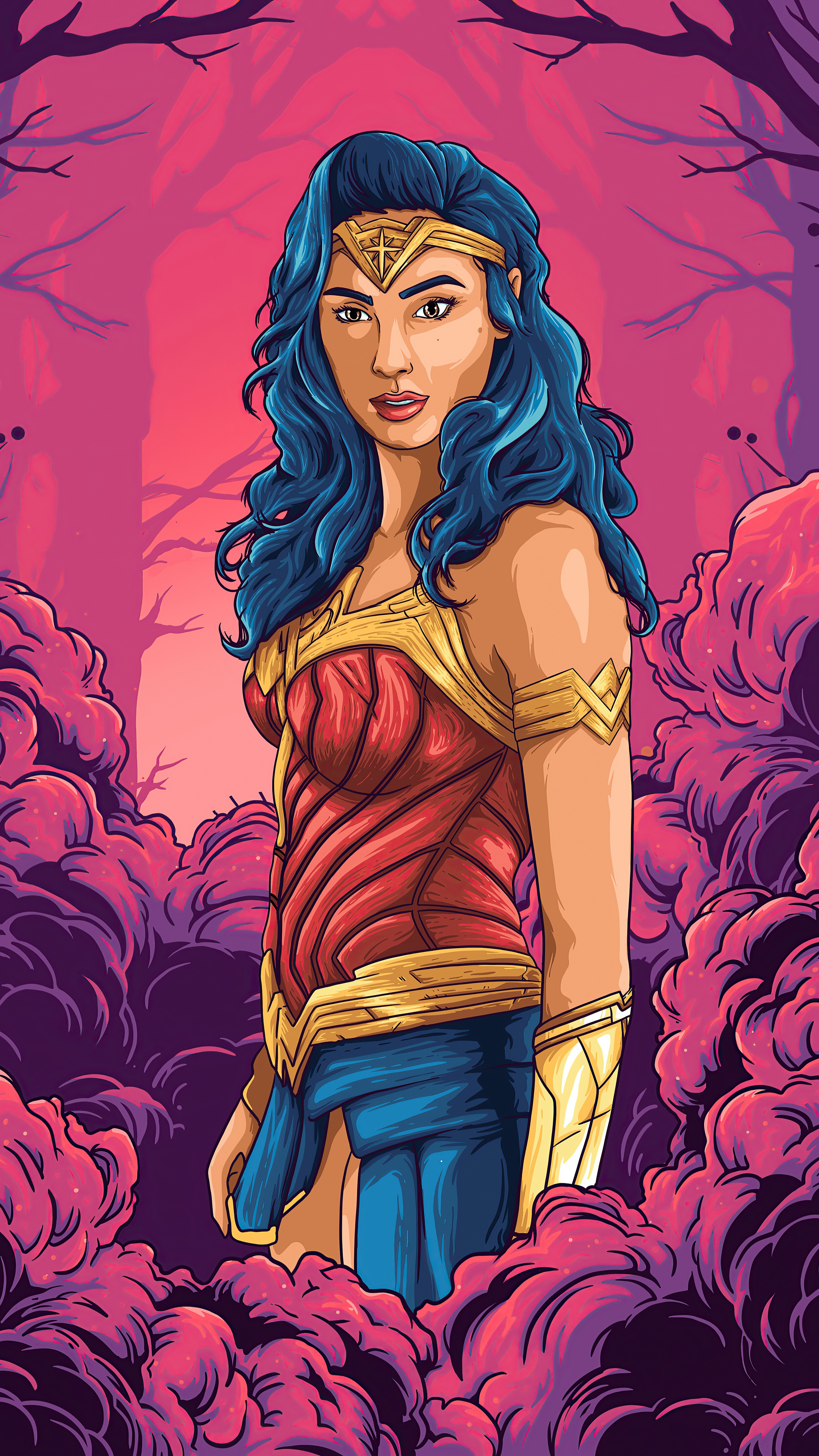 Wonder Woman artwork in pink forest HD Phone Wallpaper
