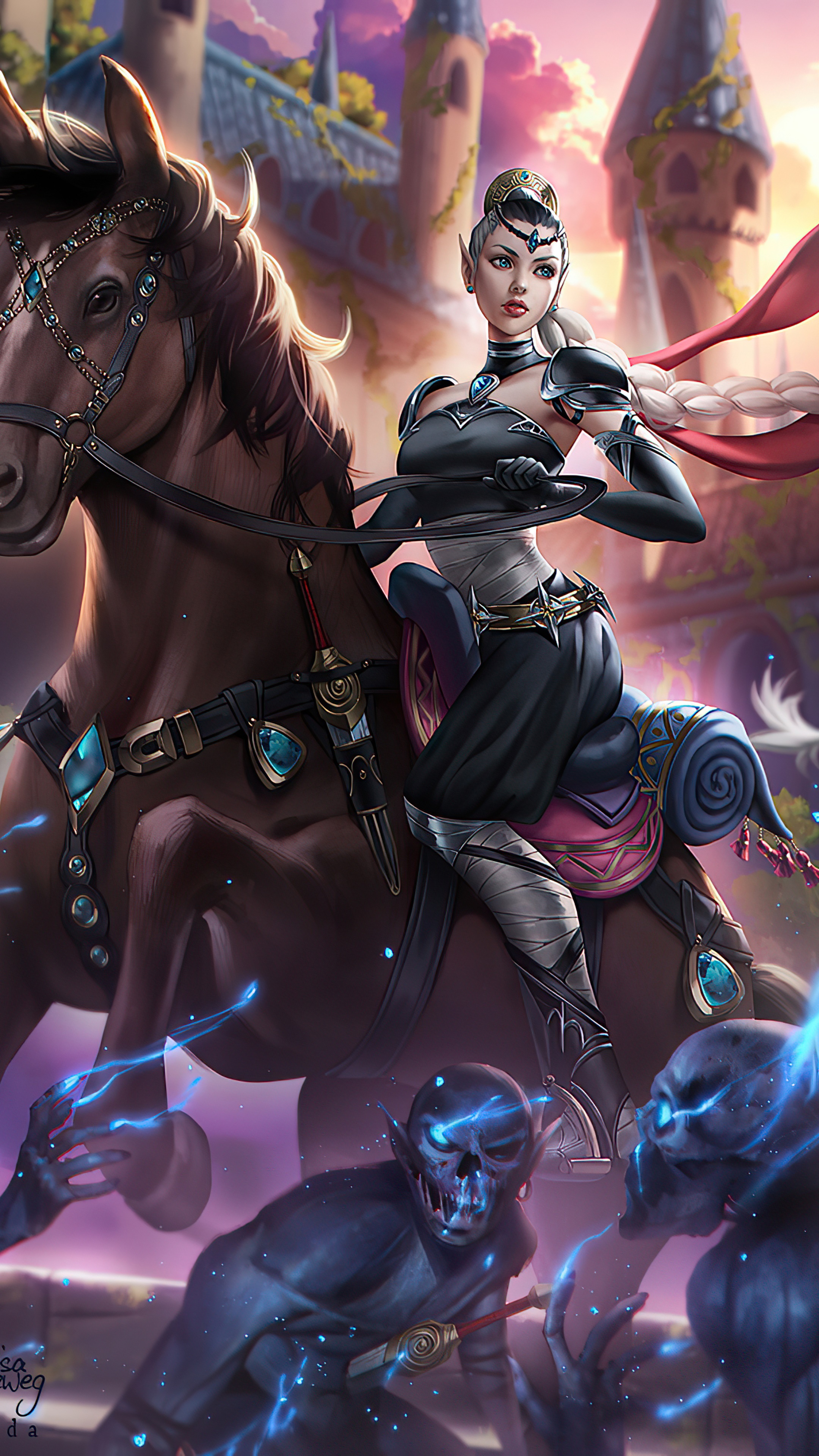 Elf warrior on horseback fighting goblins HD Phone Wallpaper