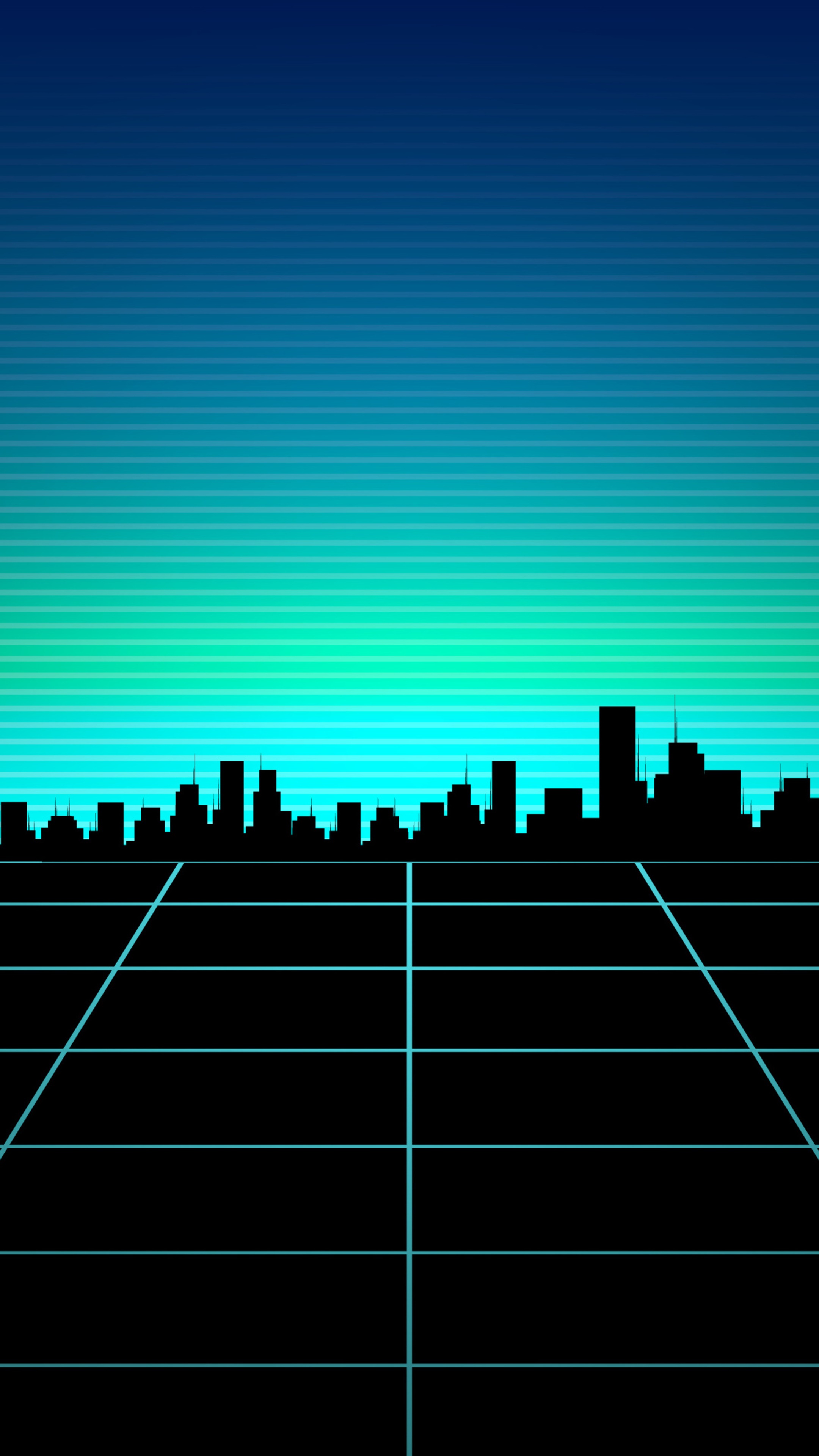 Retrowave cityscape with grid floor HD Phone Wallpaper