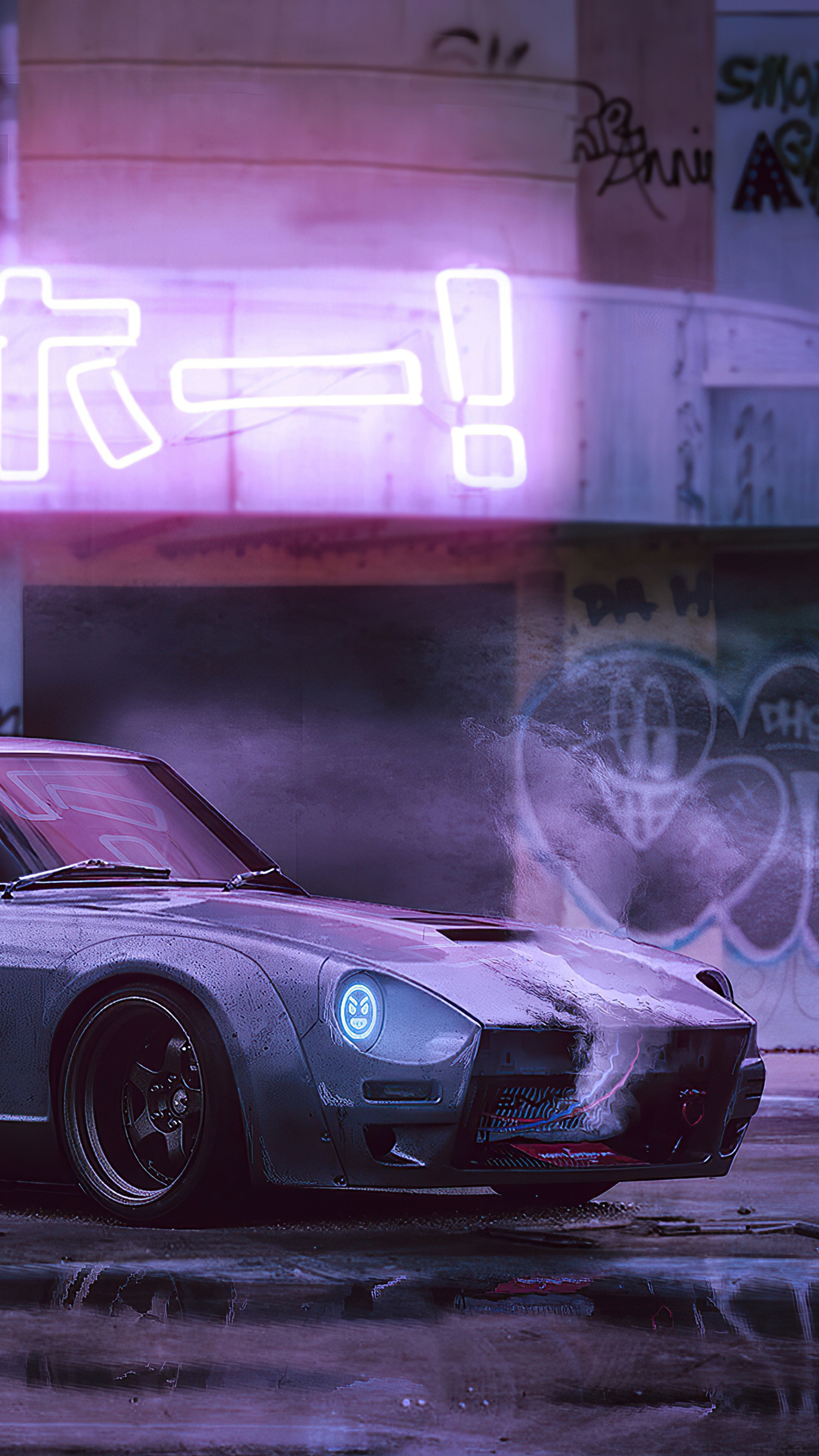 Nissan 240Z with neon lights and graffiti HD Phone Wallpaper