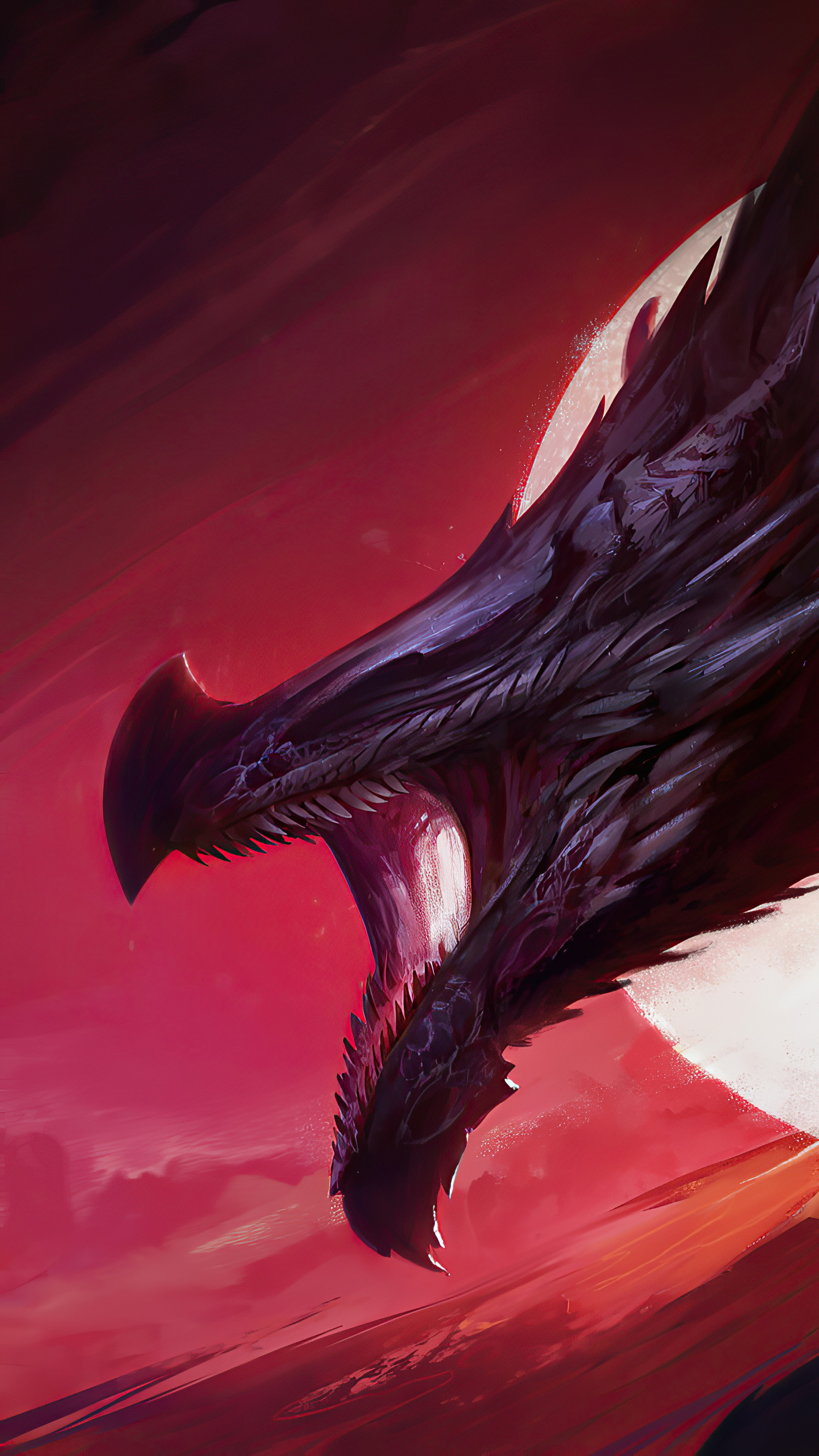 Dragon head with open mouth, red sky HD Phone Wallpaper