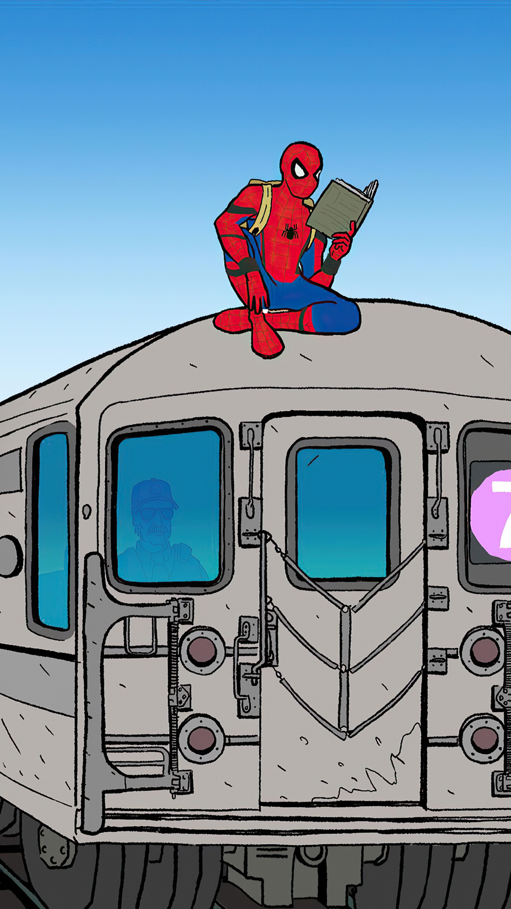 Spider-Man reading a book on a subway train HD Phone Wallpaper