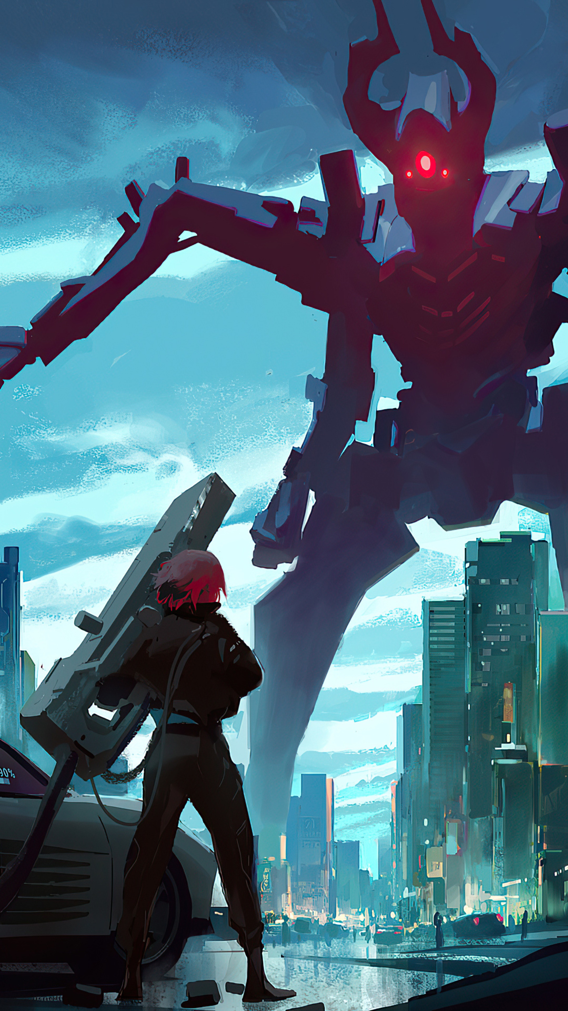 Giant Robot vs. Girl with Gun in City HD Phone Wallpaper