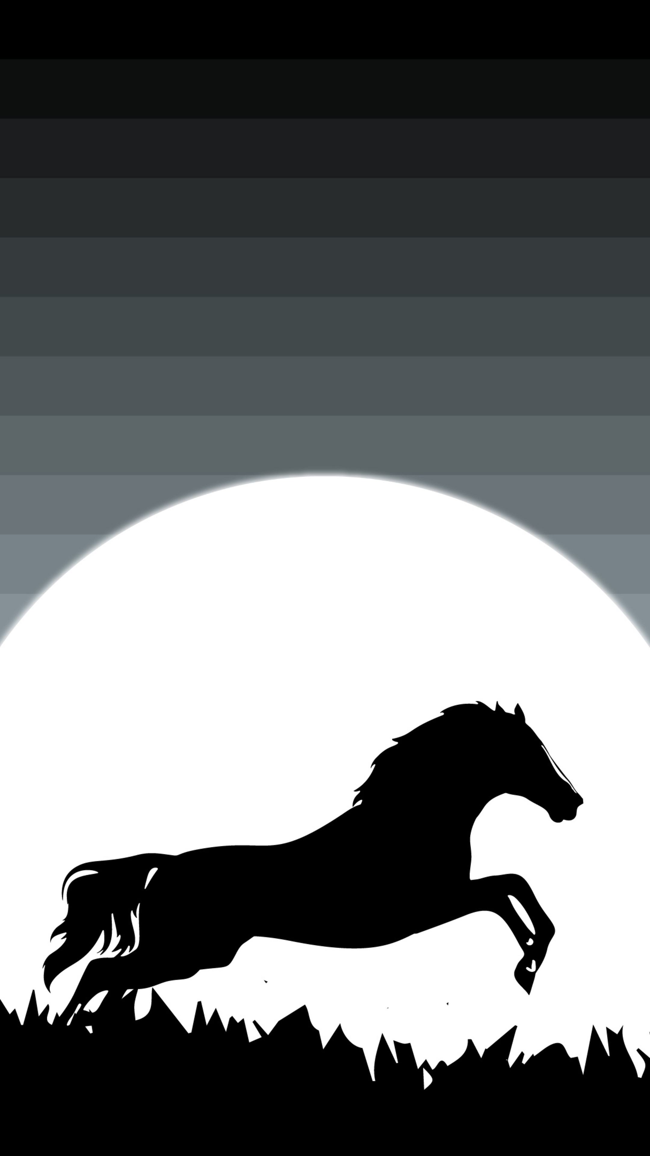 Minimalist silhouette of a horse jumping over grass against a large moon HD Phone Wallpaper