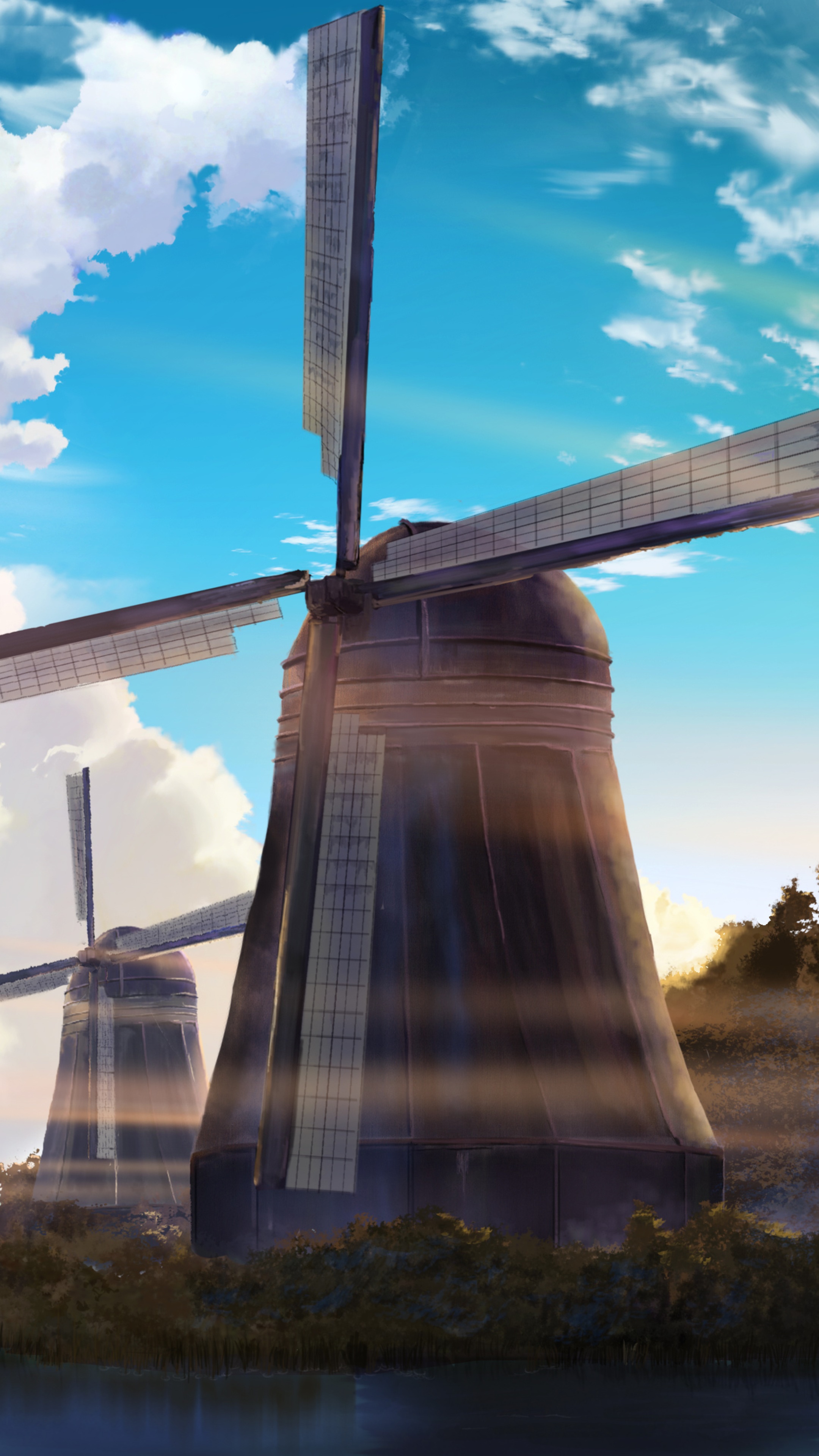 Anime artwork of windmills under a cloudy sky HD Phone Wallpaper