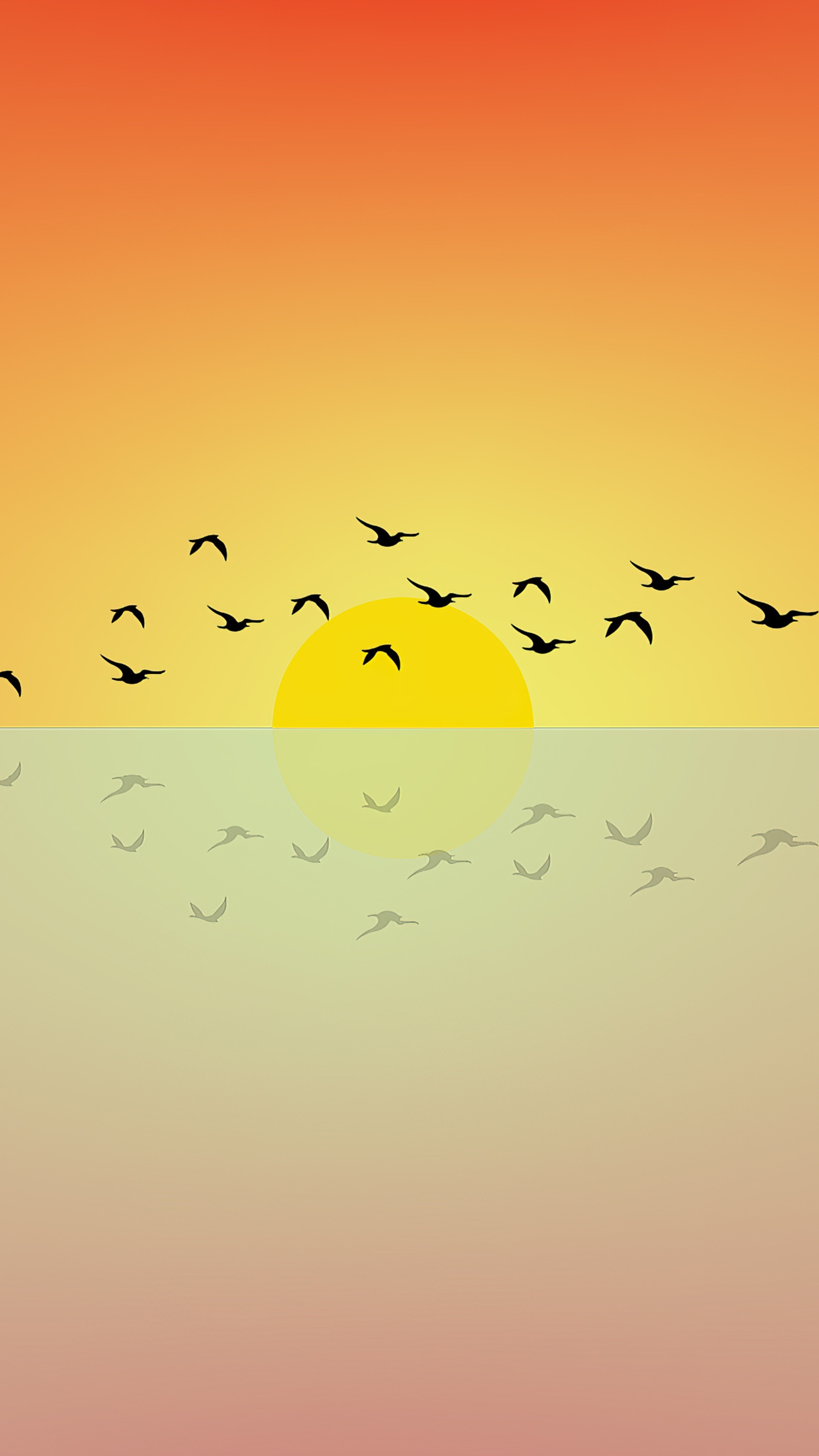 Minimalist flock of birds at sunset over water HD Phone Wallpaper
