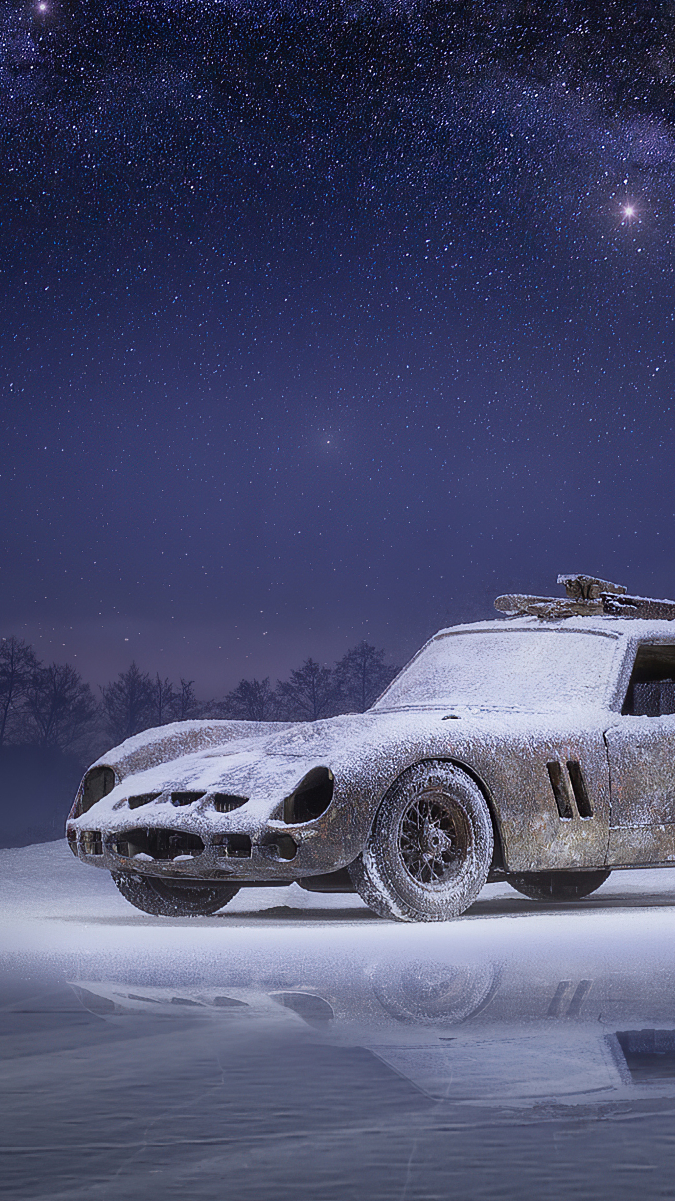 Snow-covered classic car under starry sky HD Phone Wallpaper