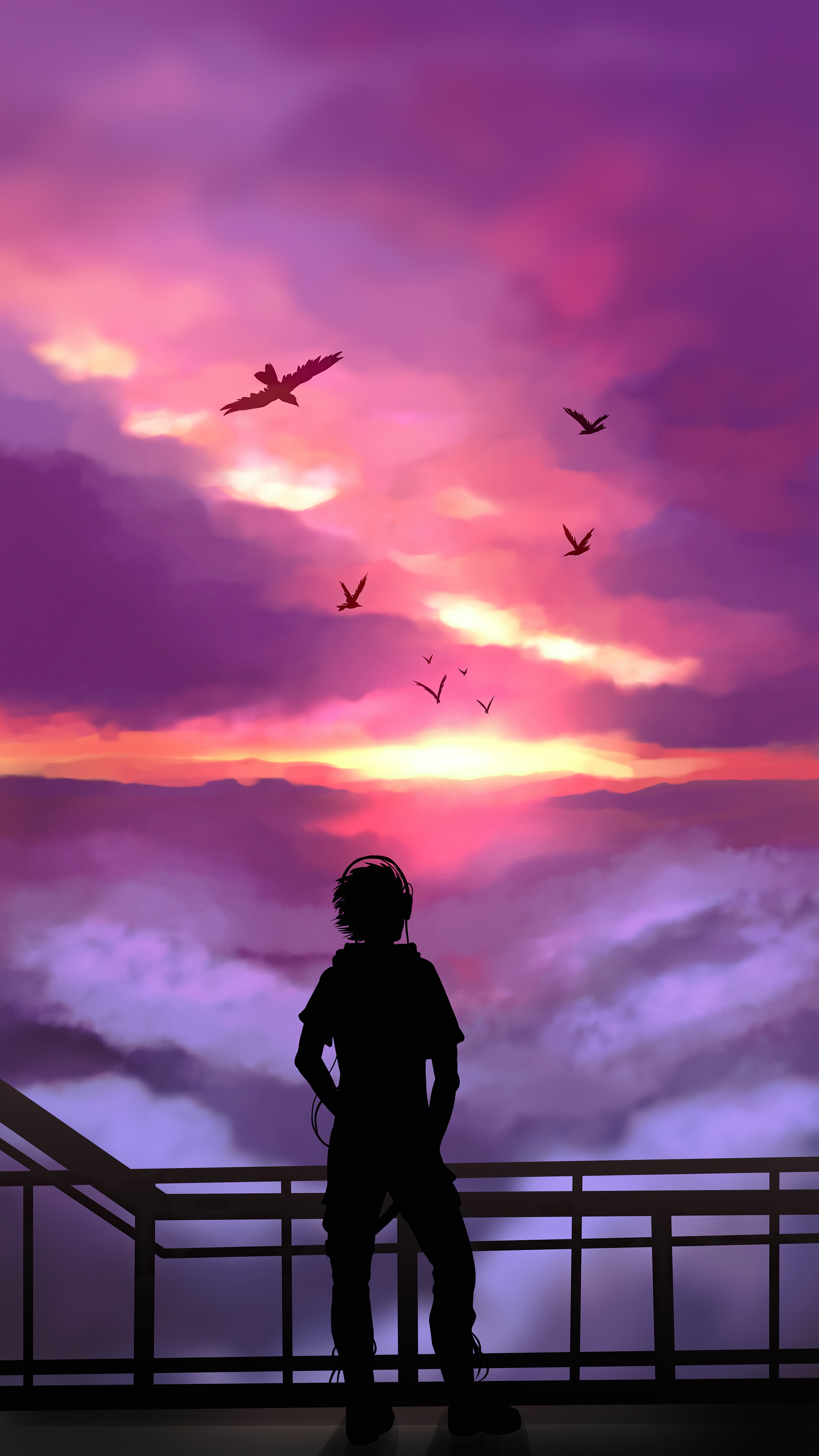 Silhouette of a person with headphones watching a sunset HD Phone Wallpaper
