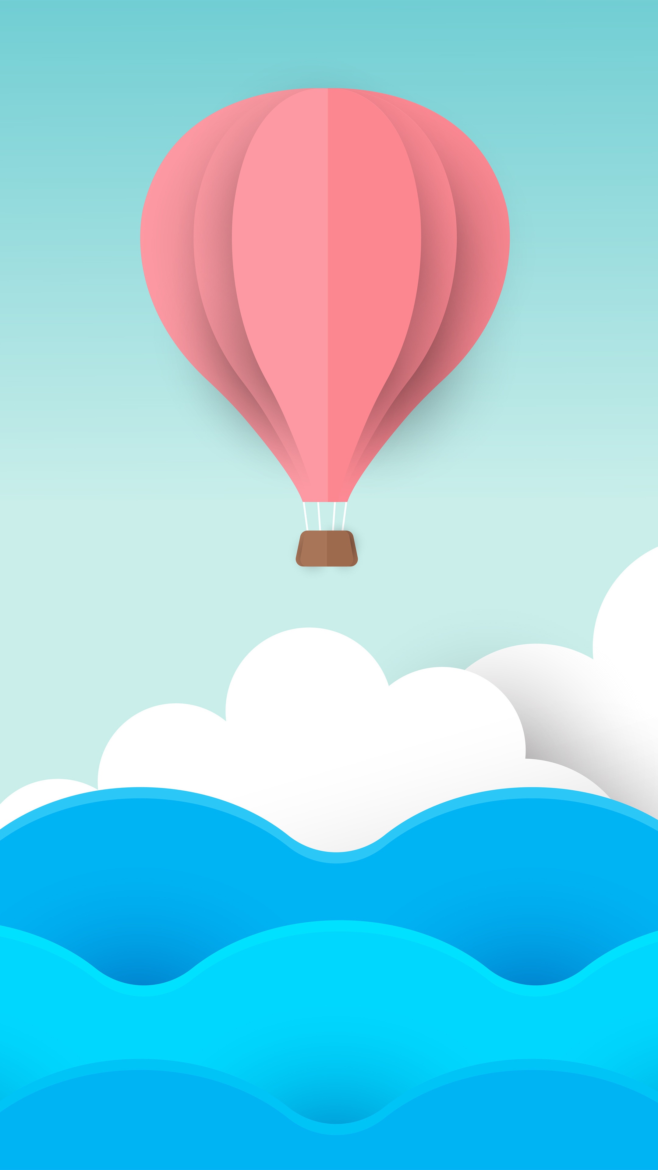 Minimalist pink hot air balloon over blue waves and clouds HD Phone Wallpaper