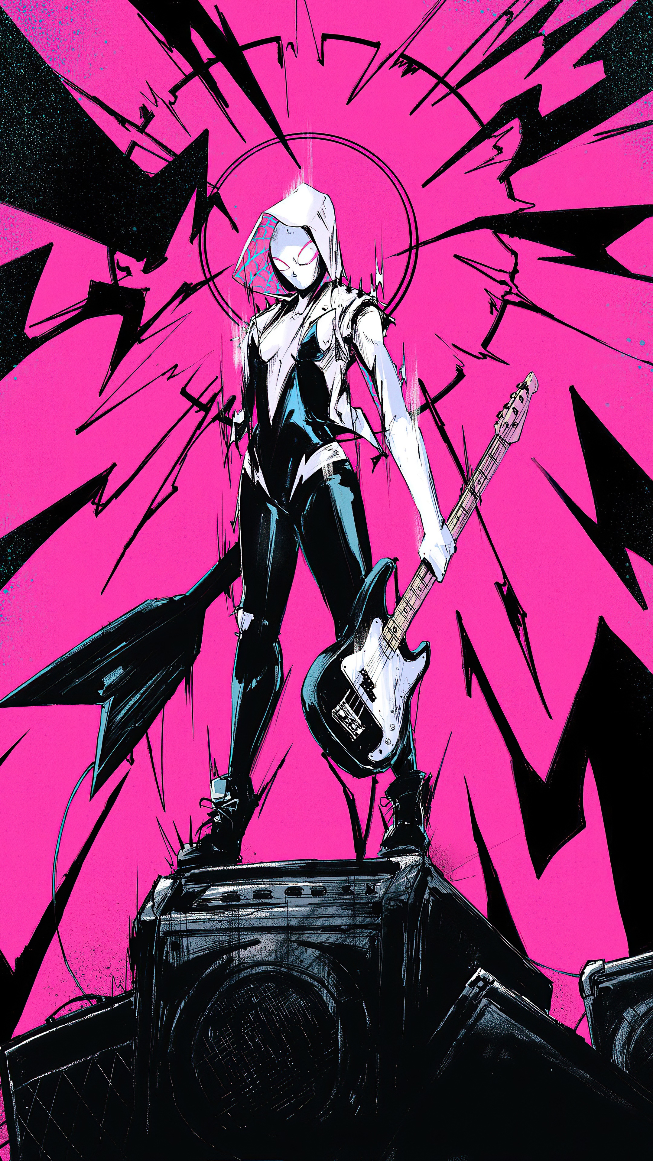 Spider-Gwen with a Bass Guitar HD Phone Wallpaper