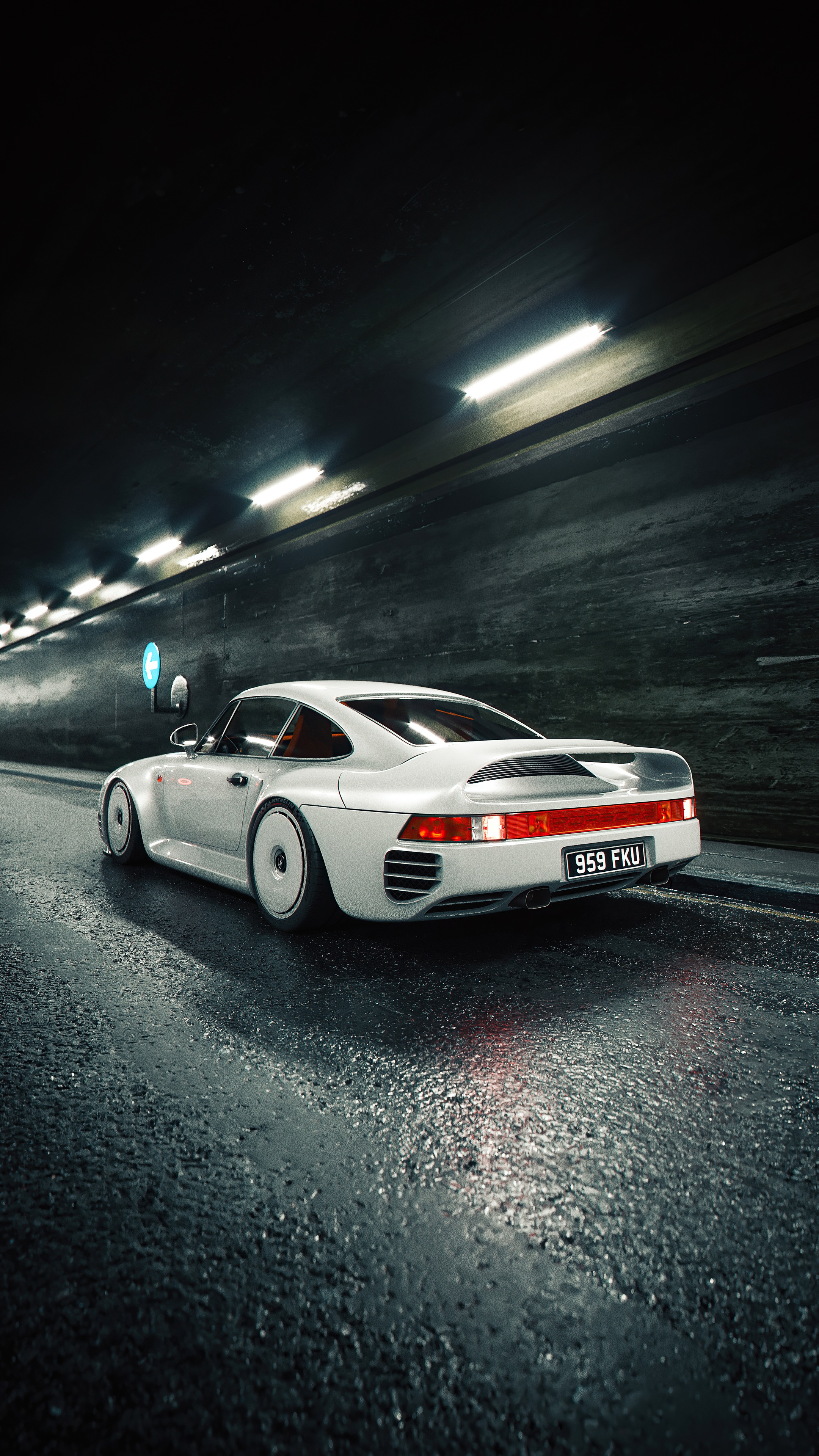 White Porsche 959 in a tunnel HD Phone Wallpaper