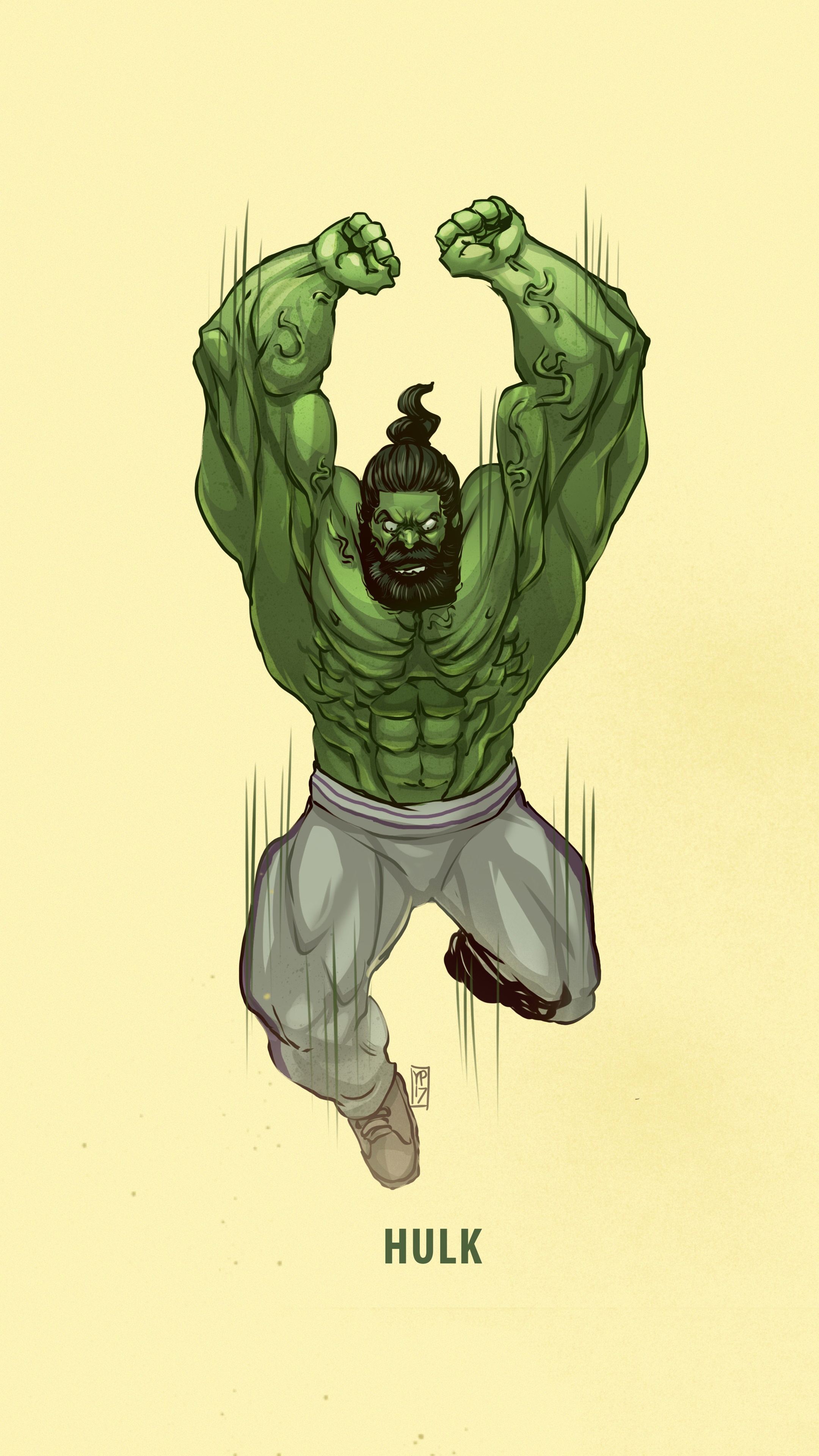 Hulk artwork with a top knot and beard HD Phone Wallpaper