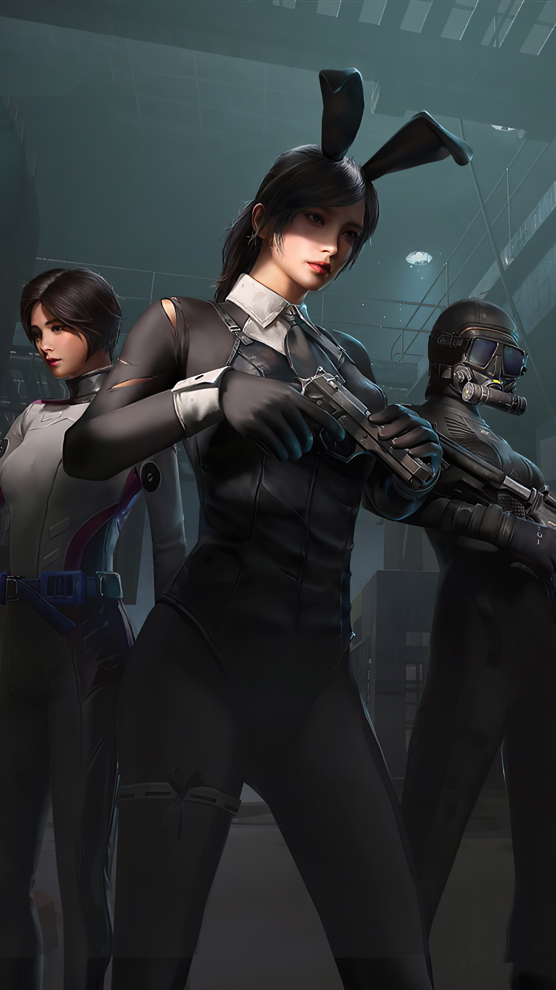 Three women in tactical gear with bunny ears and guns HD Phone Wallpaper
