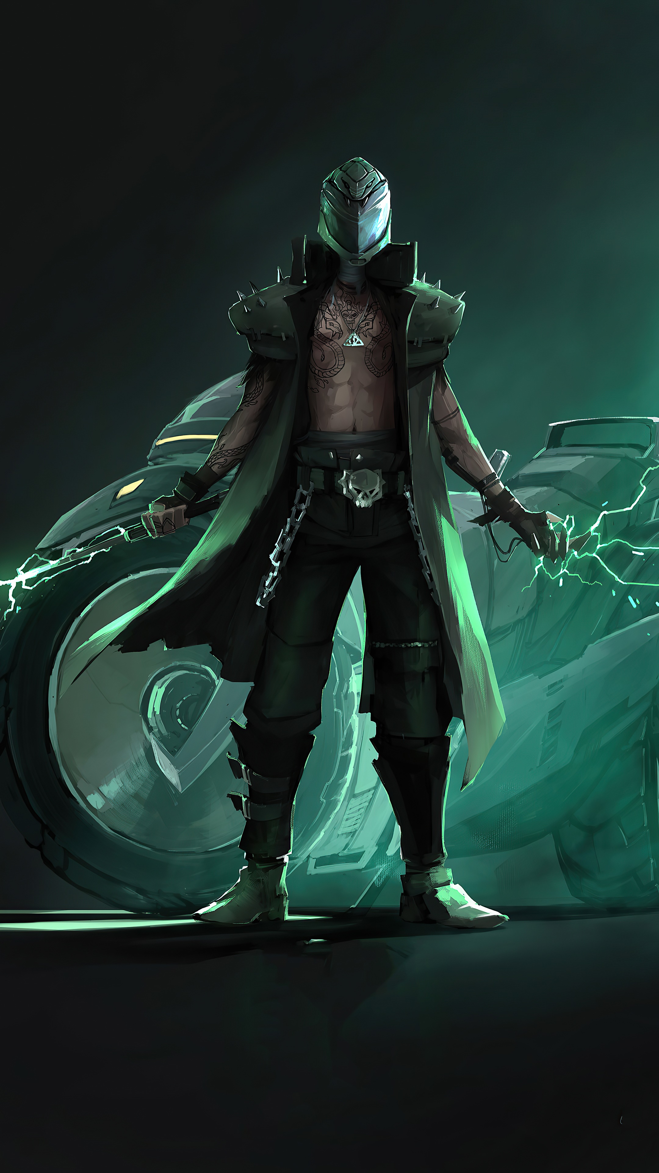 Artwork of a masked man with tattoos and a motorcycle HD Phone Wallpaper