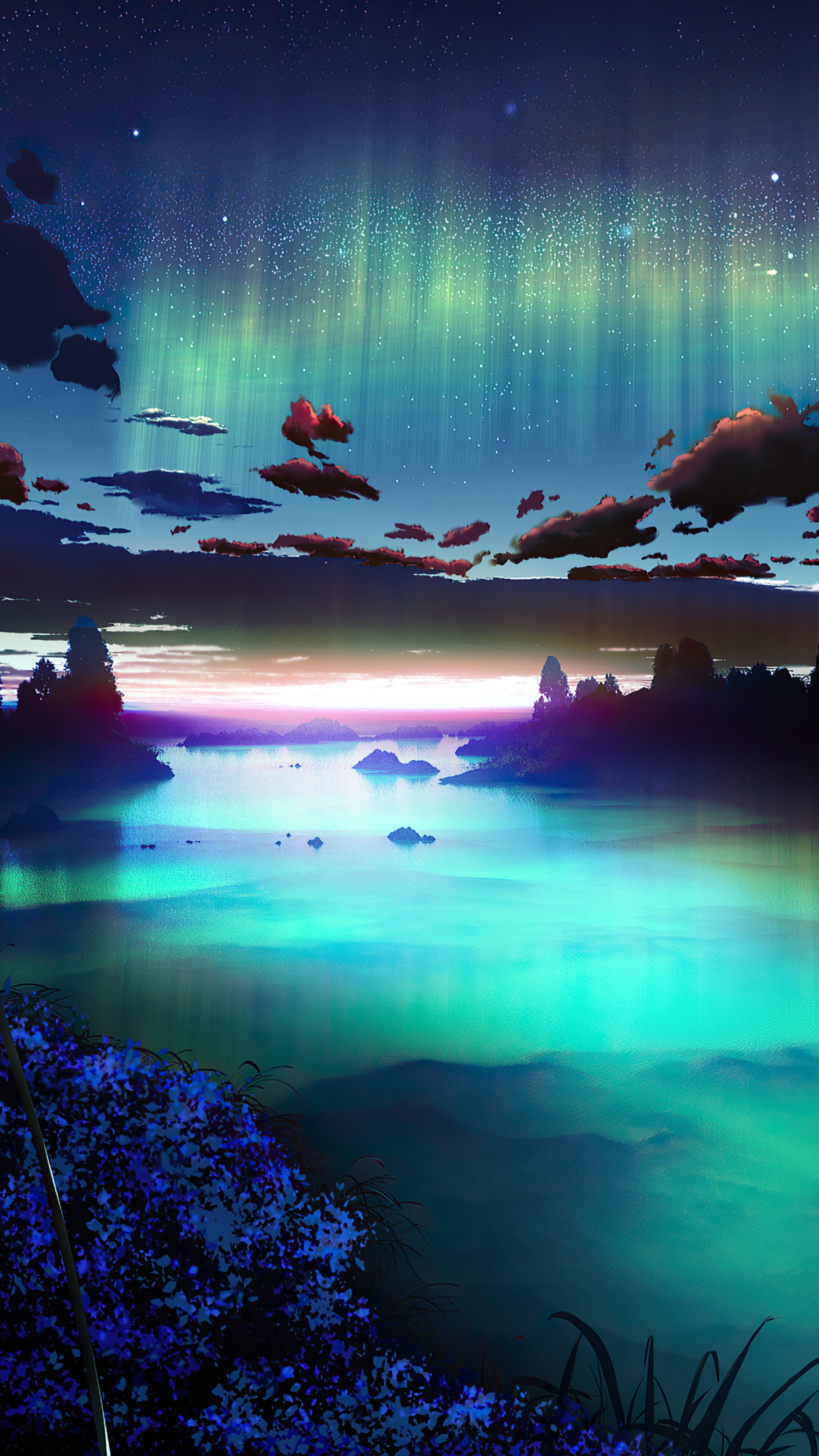 Digital artwork of aurora borealis over a body of water HD Phone Wallpaper