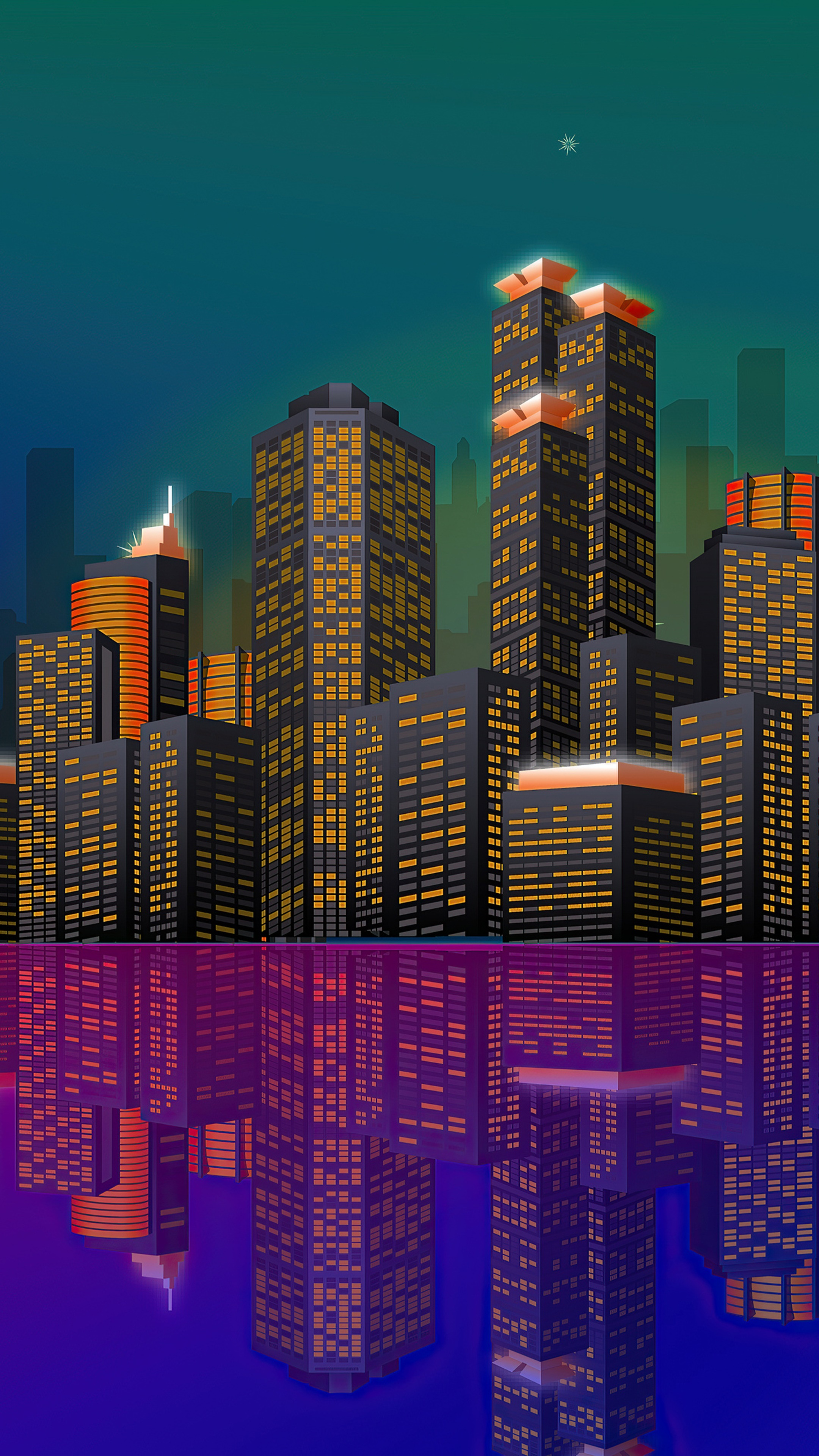 Minimalist digital art of a city skyline at night with reflections HD Phone Wallpaper