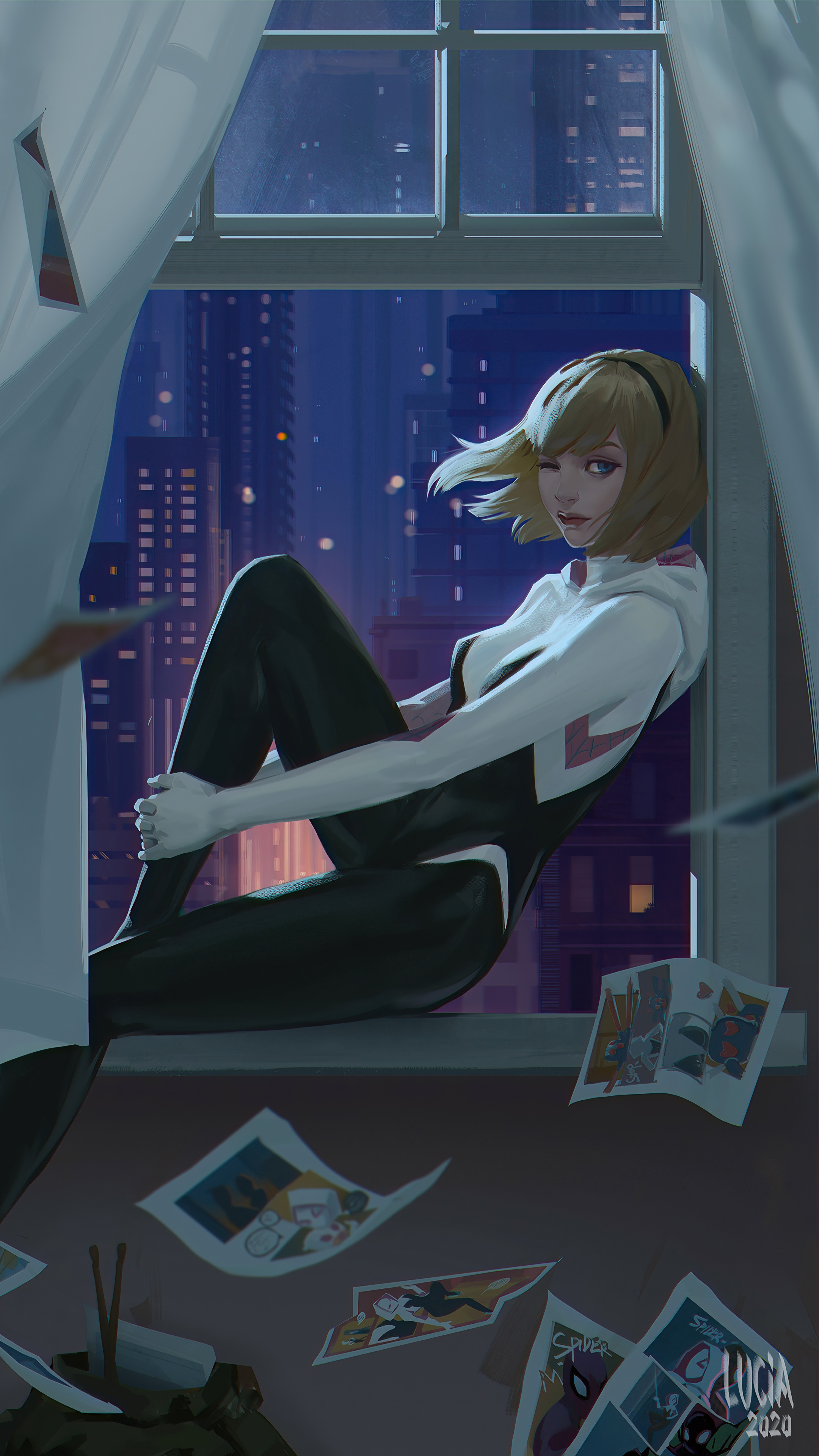 Gwen Stacy from Marvel Comics sitting by a window HD Phone Wallpaper