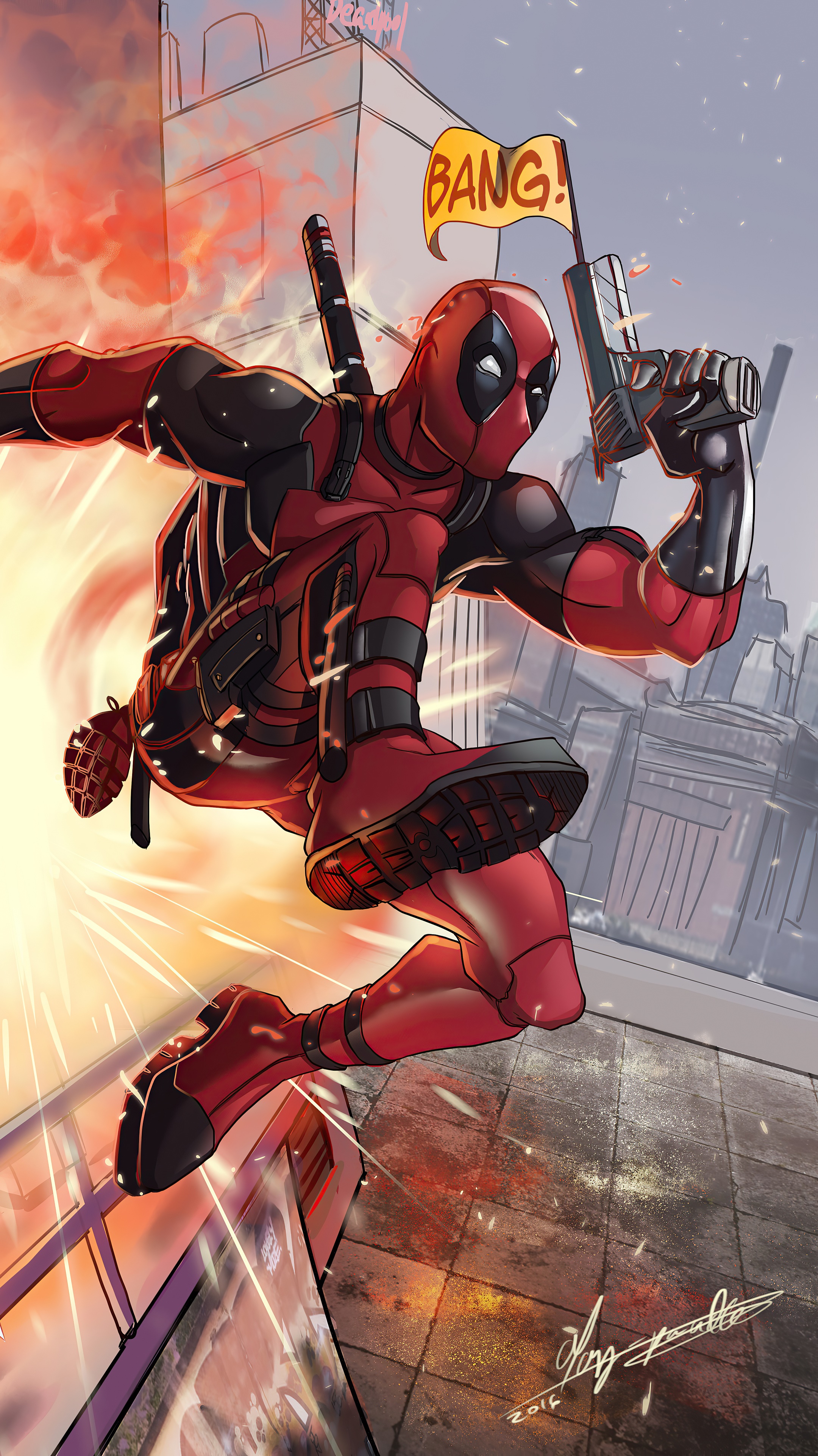 Deadpool artwork with "BANG!" flag HD Phone Wallpaper