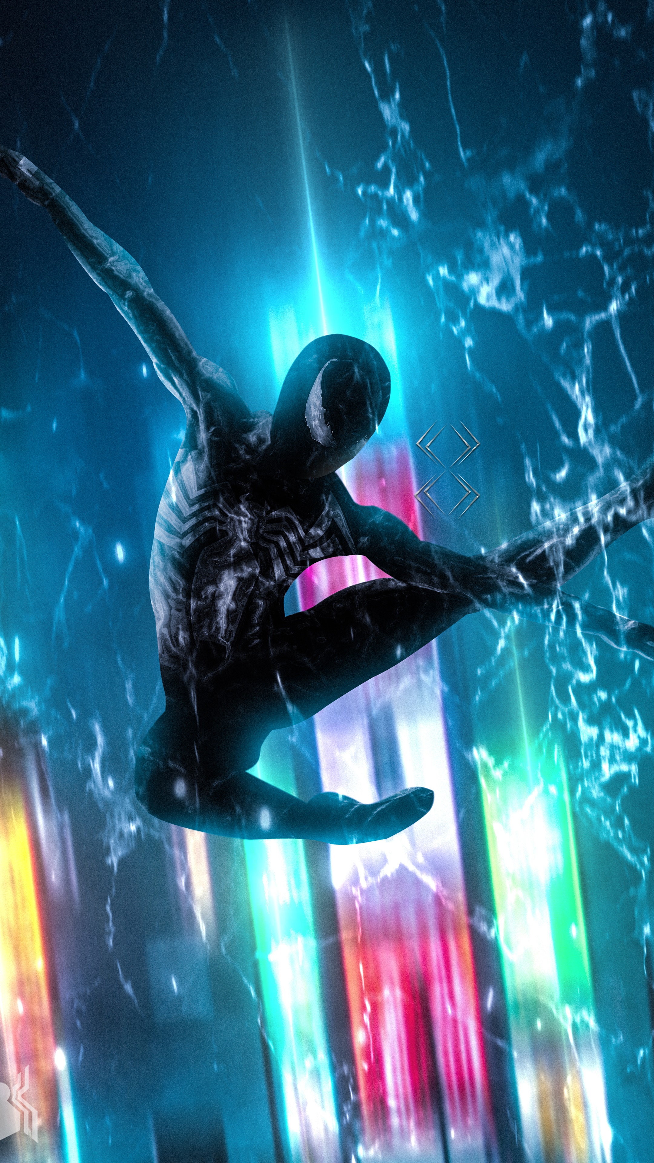 Spider-Man in Black Suit with Neon Lights HD Phone Wallpaper
