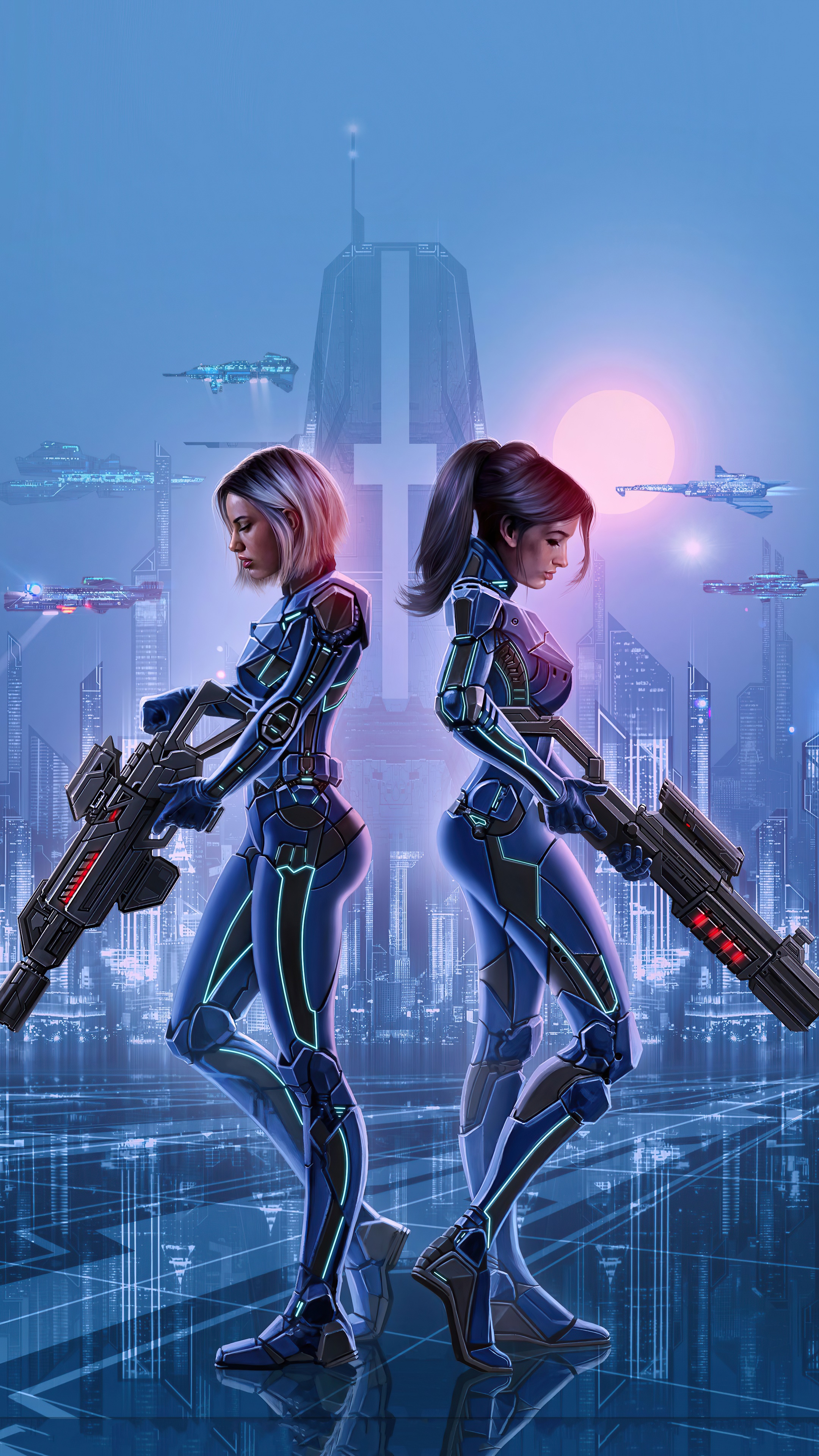 Two female soldiers with guns in a futuristic city HD Phone Wallpaper