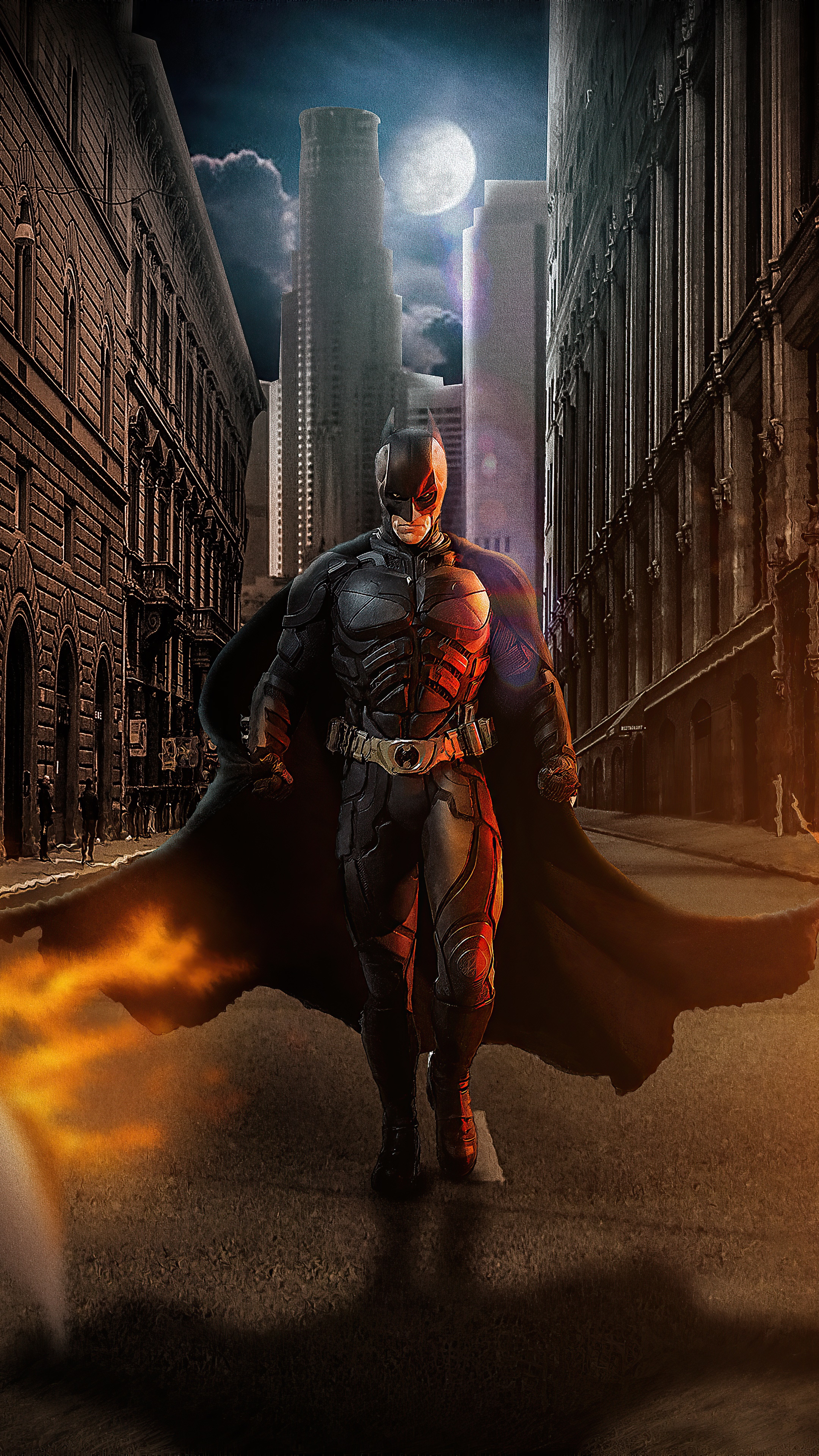 Batman in a dark city street at night HD Phone Wallpaper