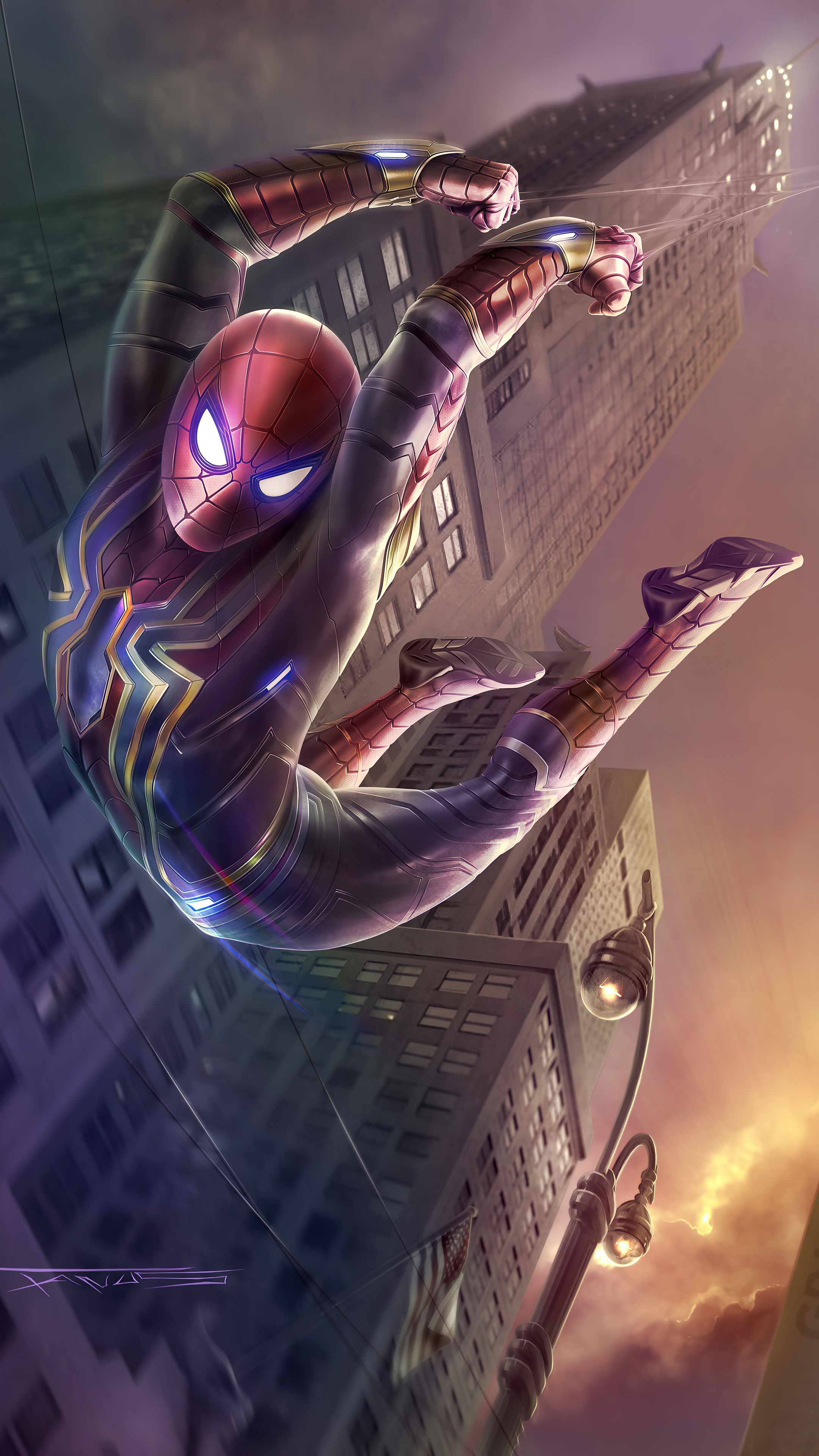 Spider-Man in Iron Spider Suit Swinging Through City HD Phone Wallpaper