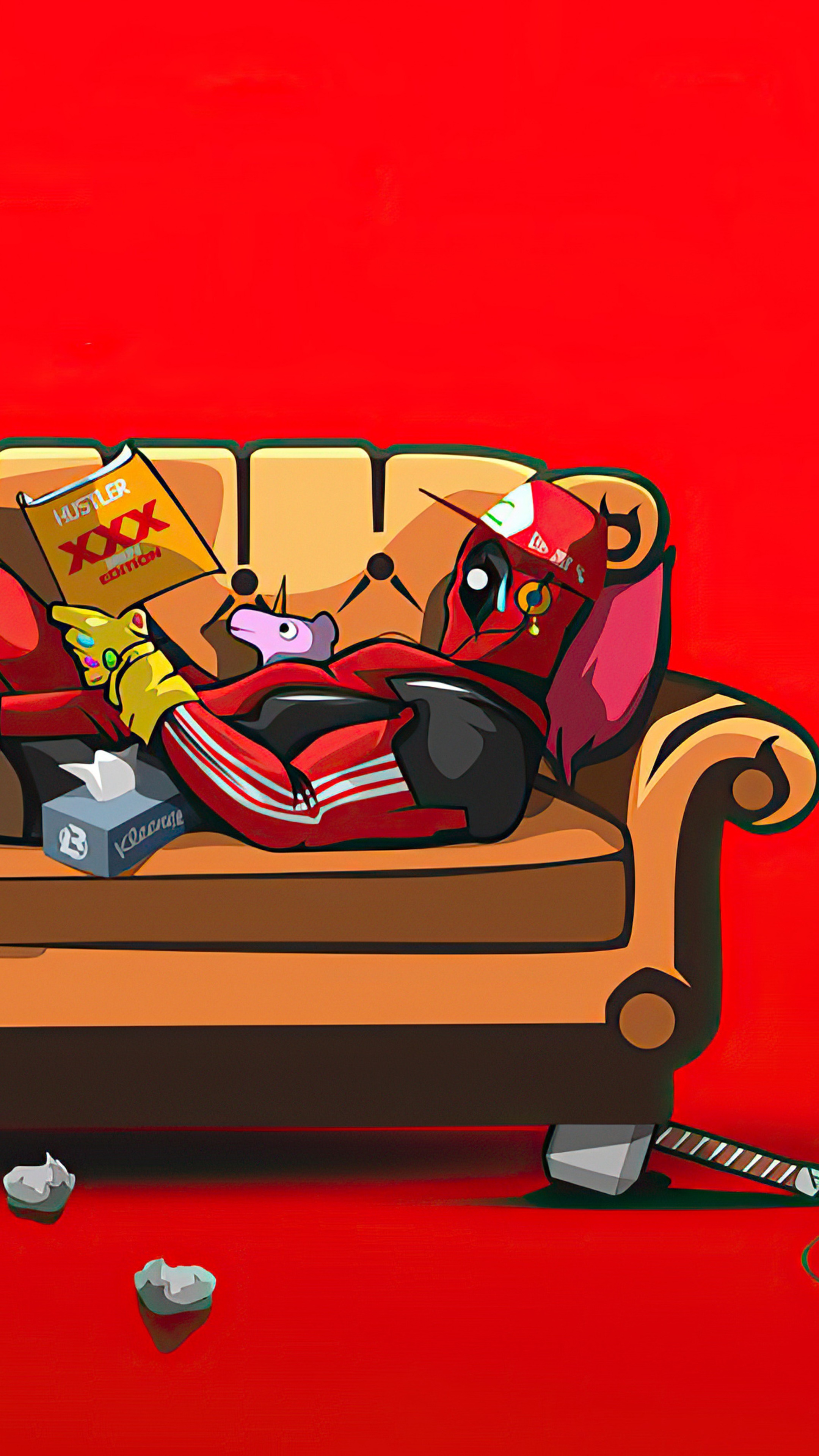 Deadpool relaxing on a couch with a magazine HD Phone Wallpaper