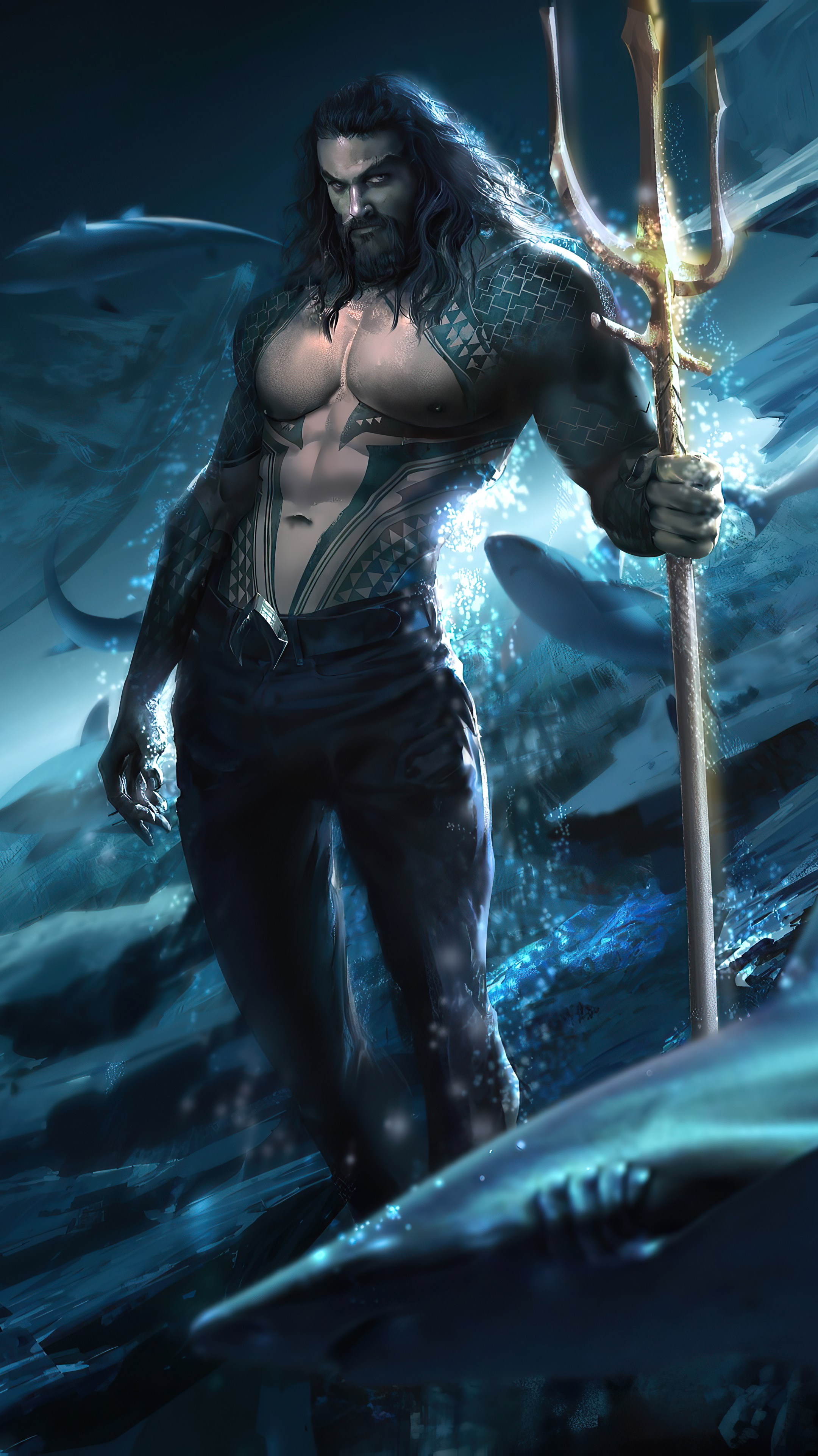 Aquaman holding a trident surrounded by sharks HD Phone Wallpaper