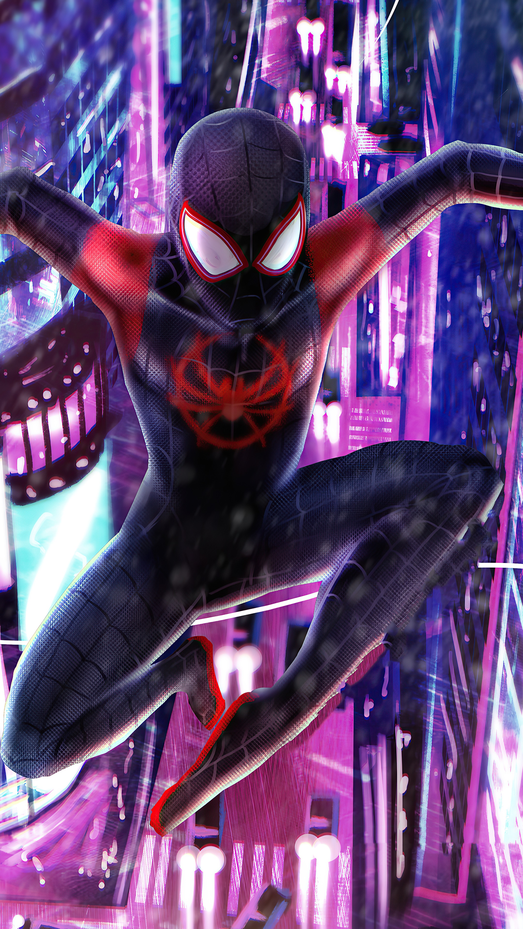 Spider-Man (Miles Morales) in a neon city HD Phone Wallpaper