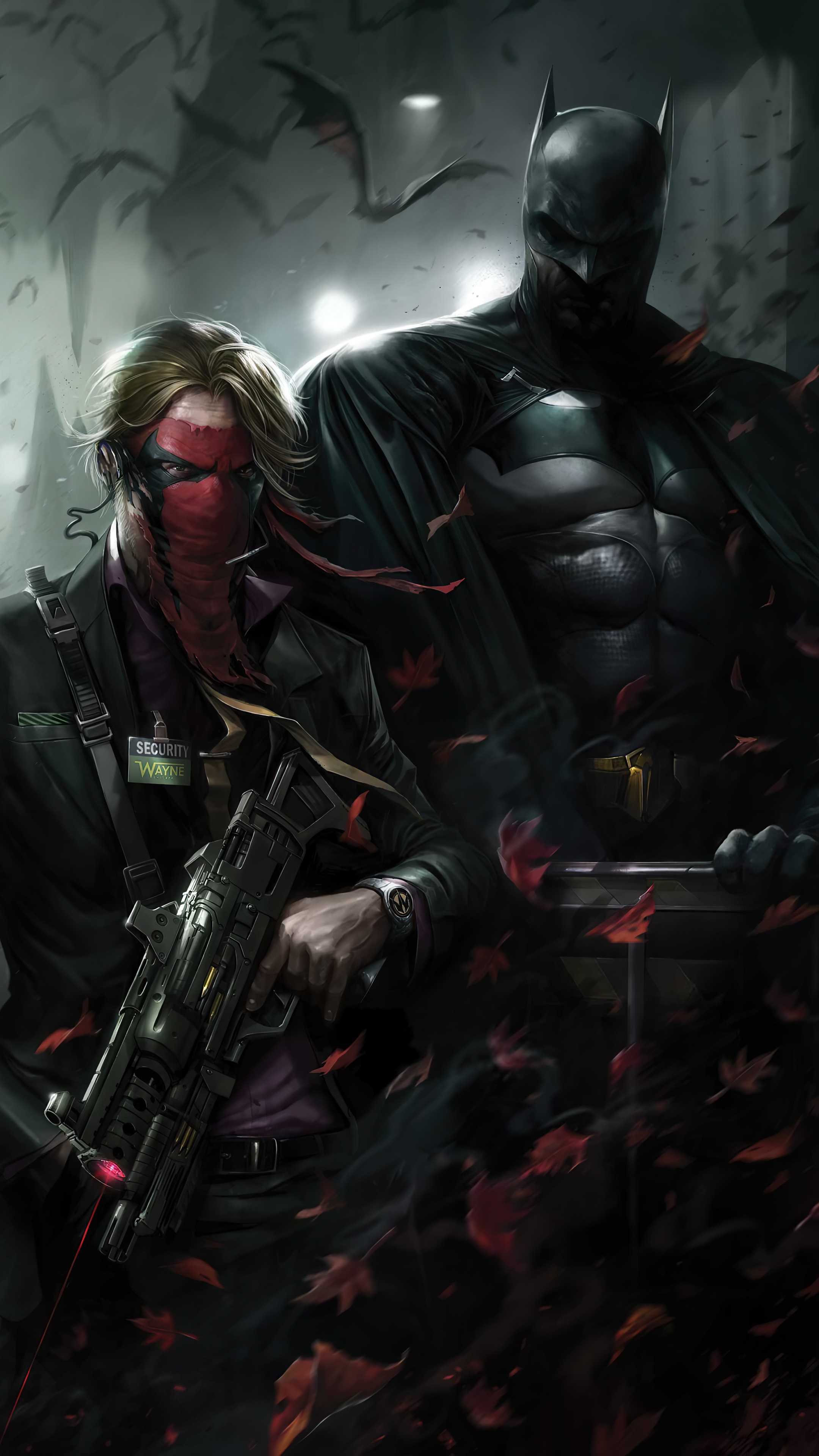 Batman and Red Hood with a gun HD Phone Wallpaper