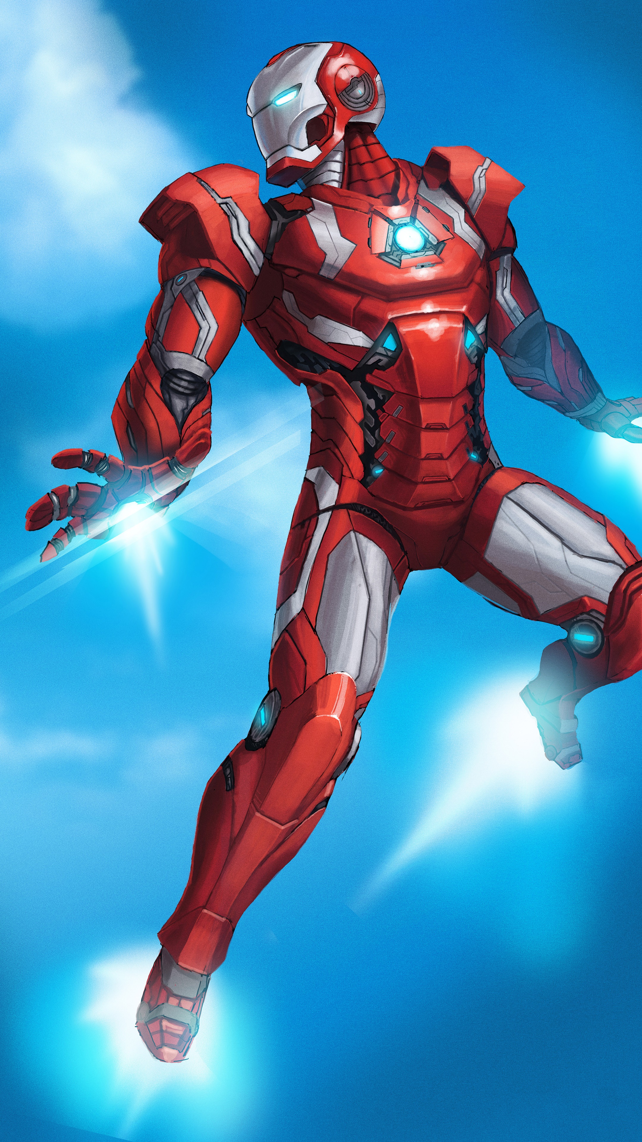 Iron Man in red and white armor flying HD Phone Wallpaper