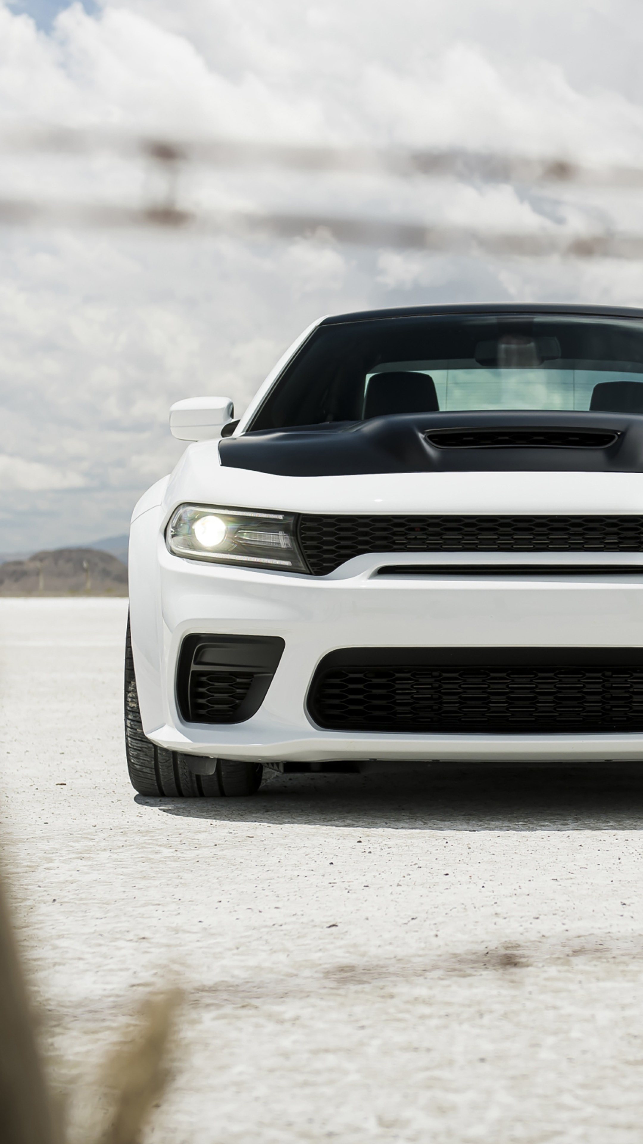 White Dodge Charger on a Salt Flat HD Phone Wallpaper