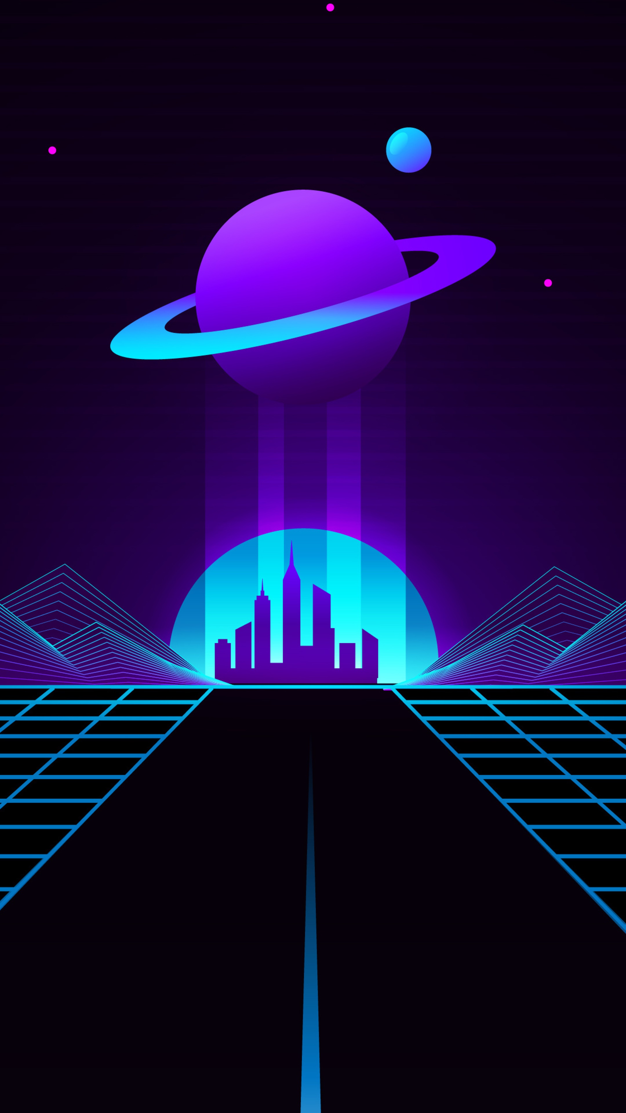 Synthwave Planet and Cityscape HD Phone Wallpaper