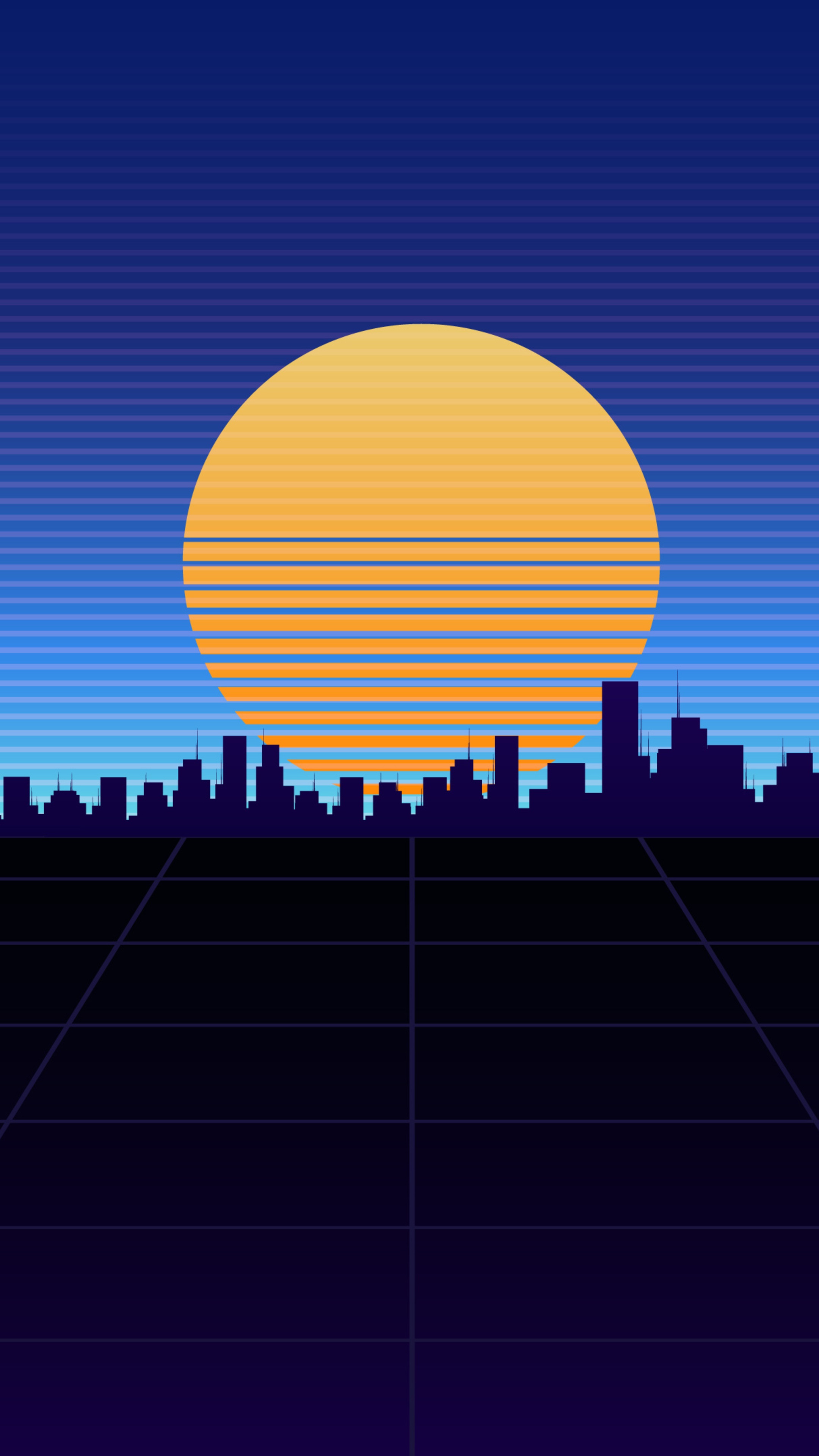 Synthwave cityscape with a large sun and grid floor HD Phone Wallpaper
