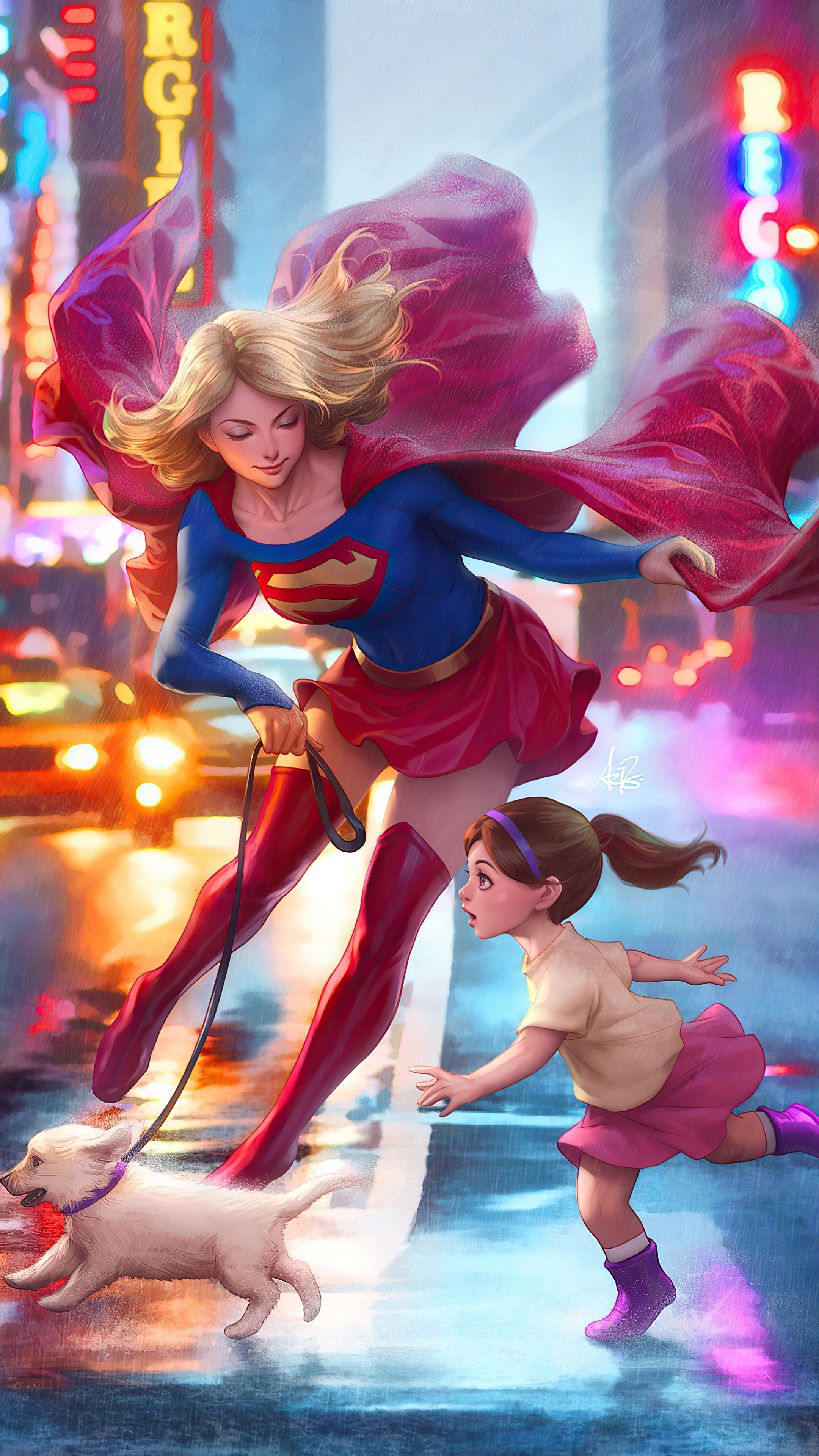 Supergirl walking a dog with a child in a city HD Phone Wallpaper