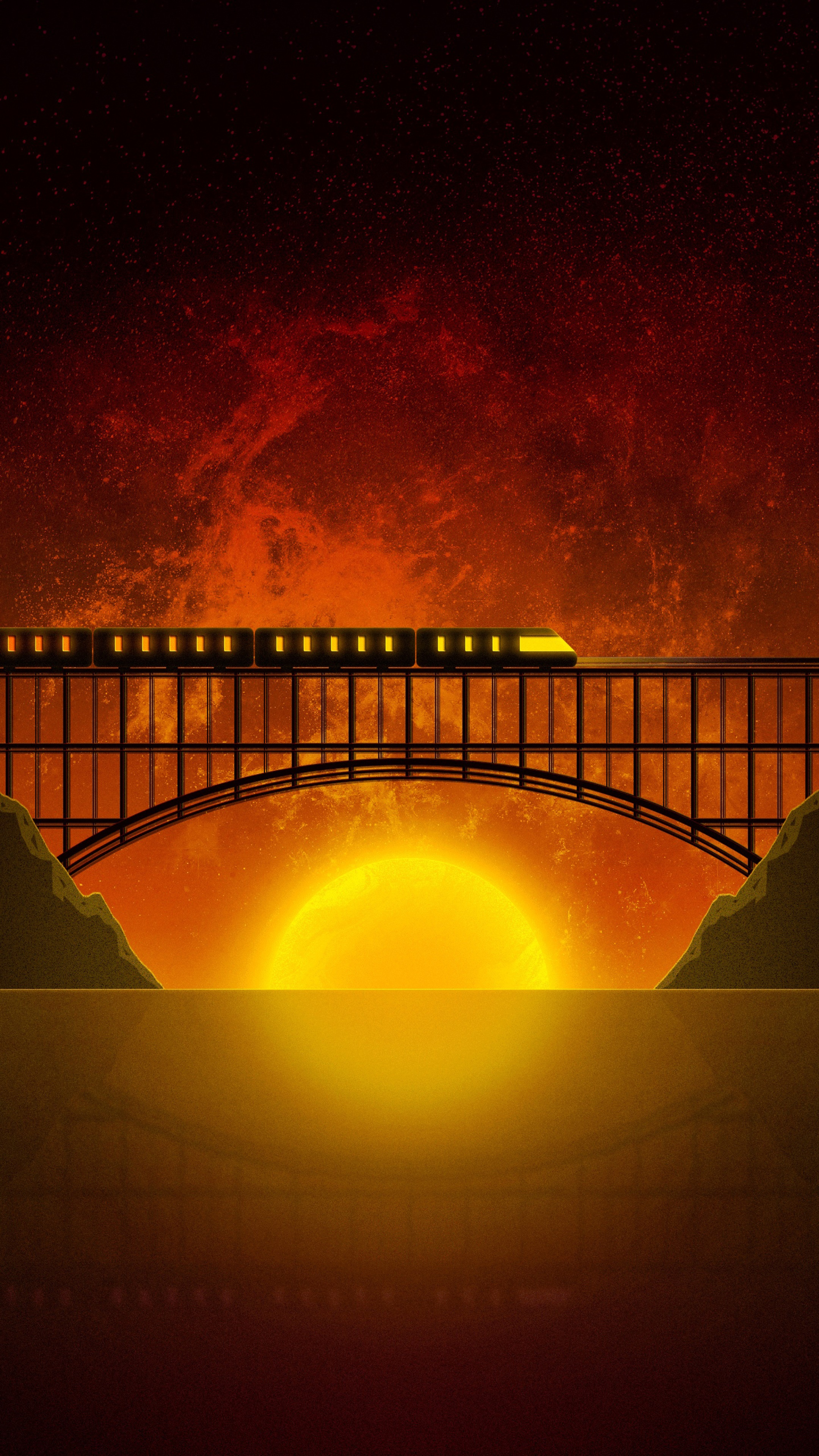Train crossing a bridge over a large sun HD Phone Wallpaper