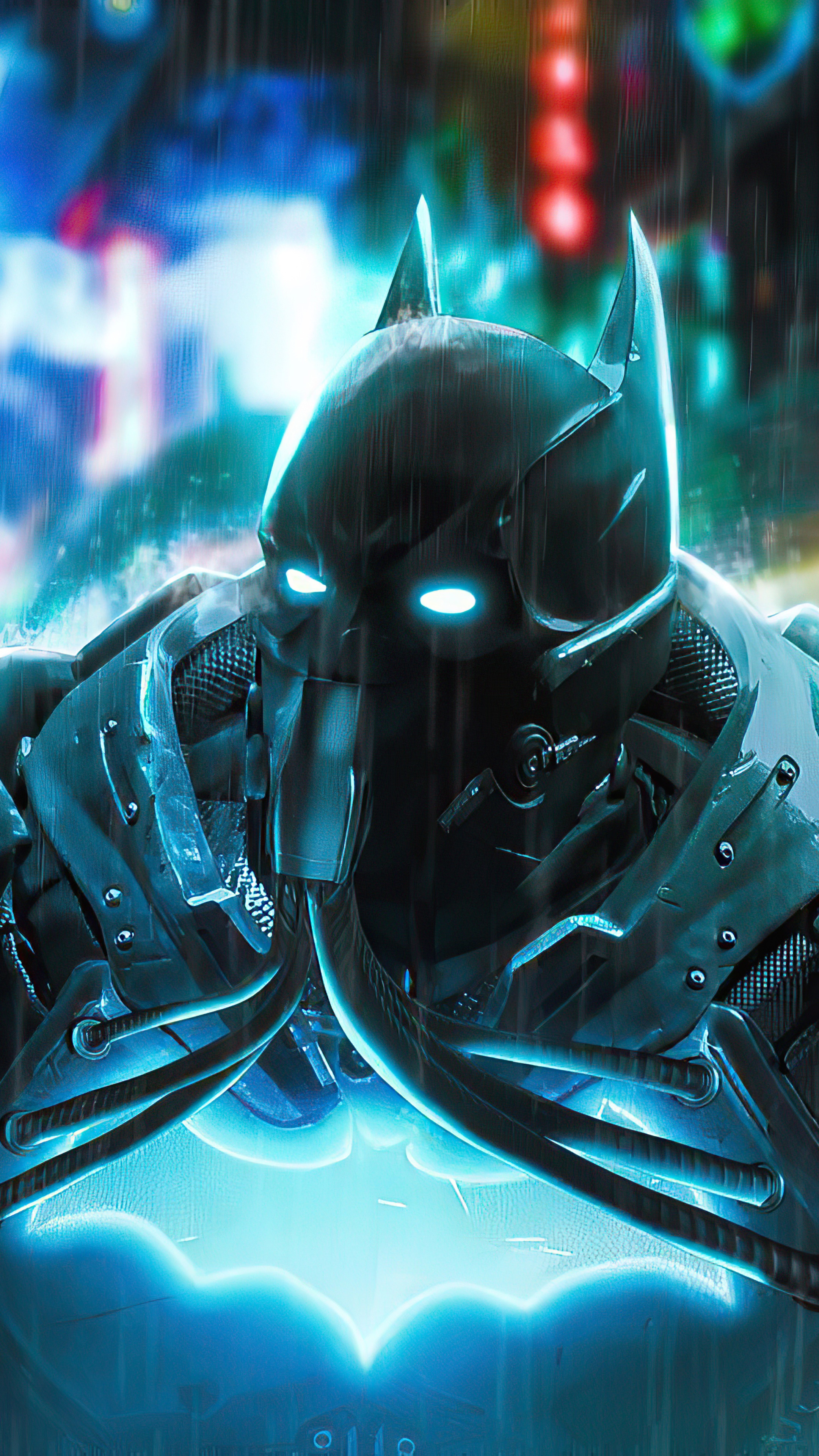 Batman in a futuristic suit with glowing eyes HD Phone Wallpaper