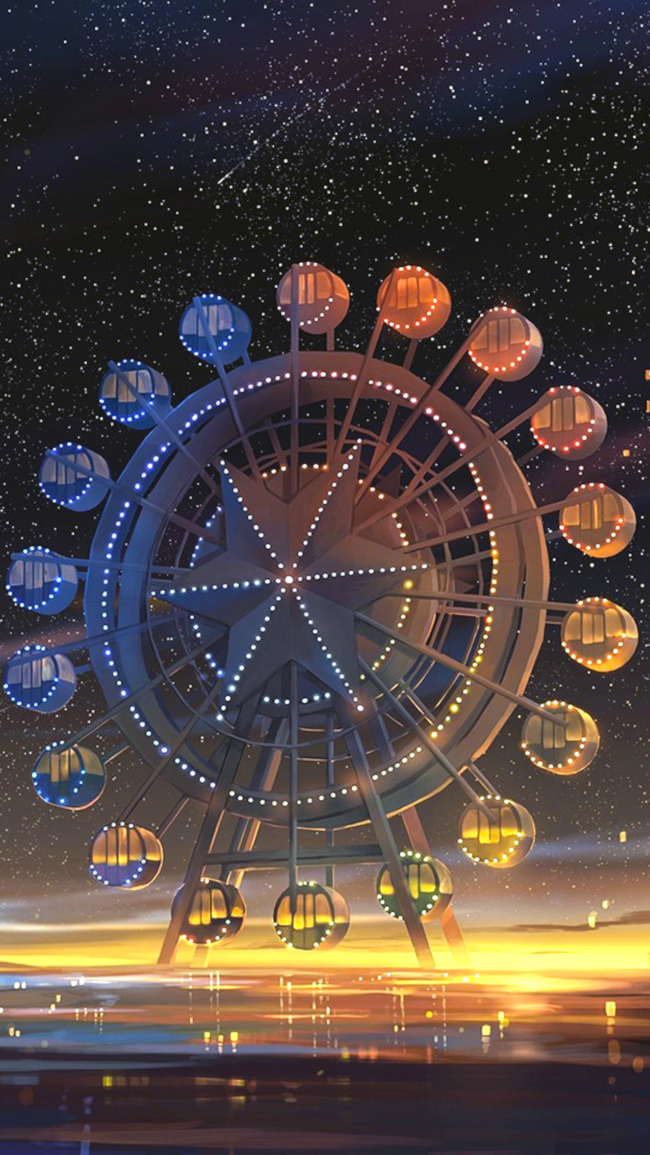 Ferris wheel at night with starry sky and city lights HD Phone Wallpaper