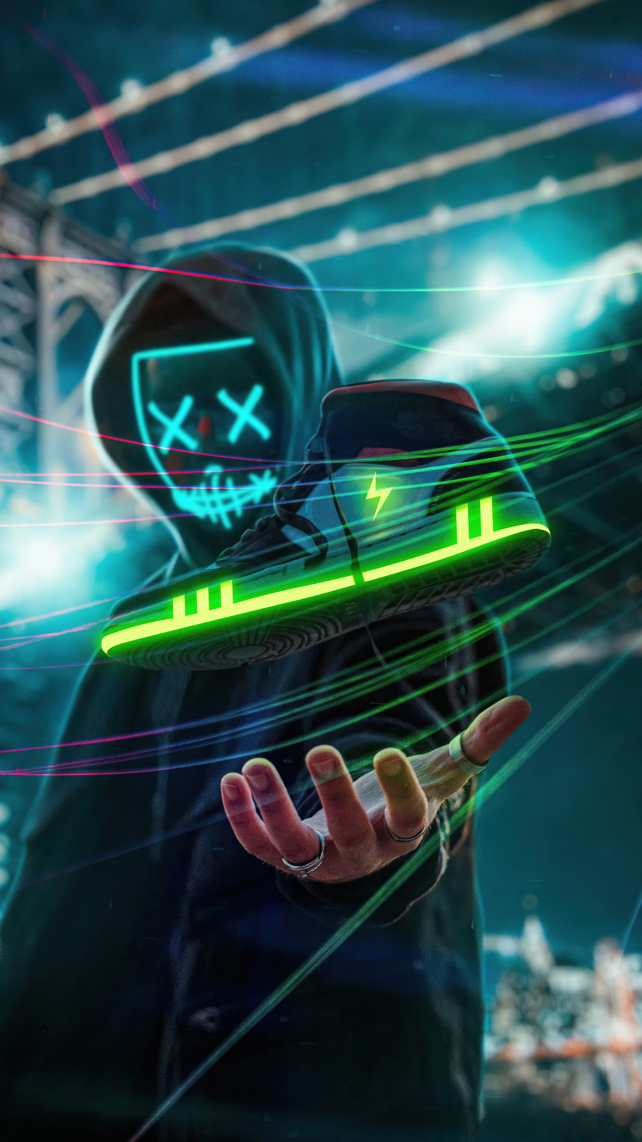 Person in a neon mask holding a glowing shoe HD Phone Wallpaper
