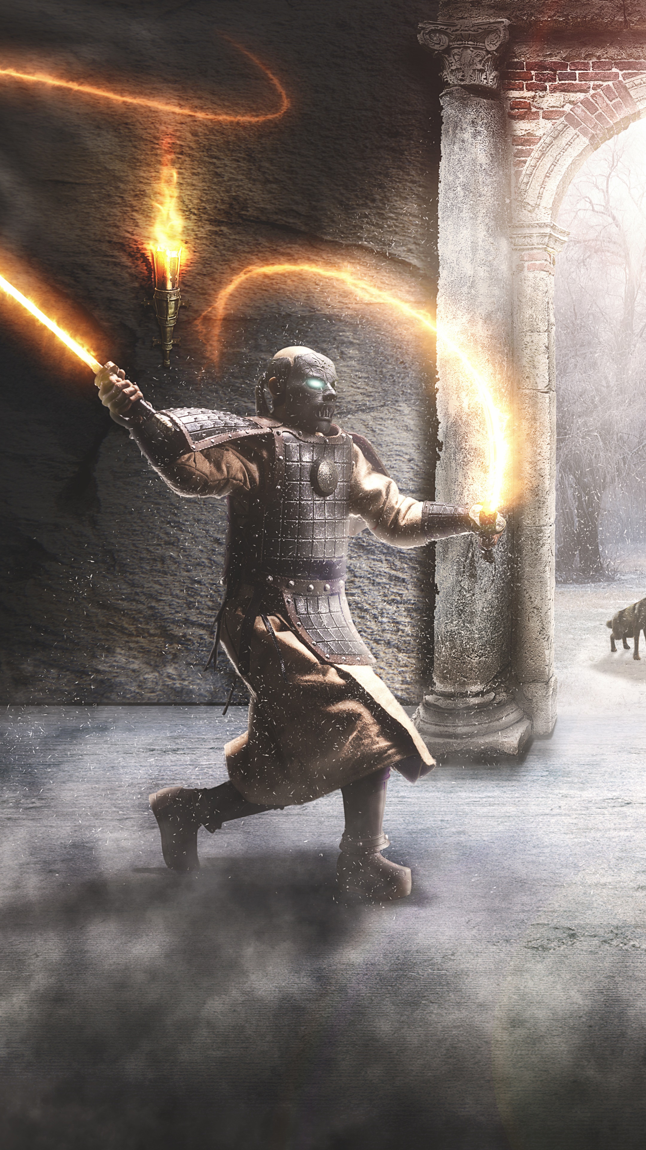 Diablo character wielding fiery weapons HD Phone Wallpaper