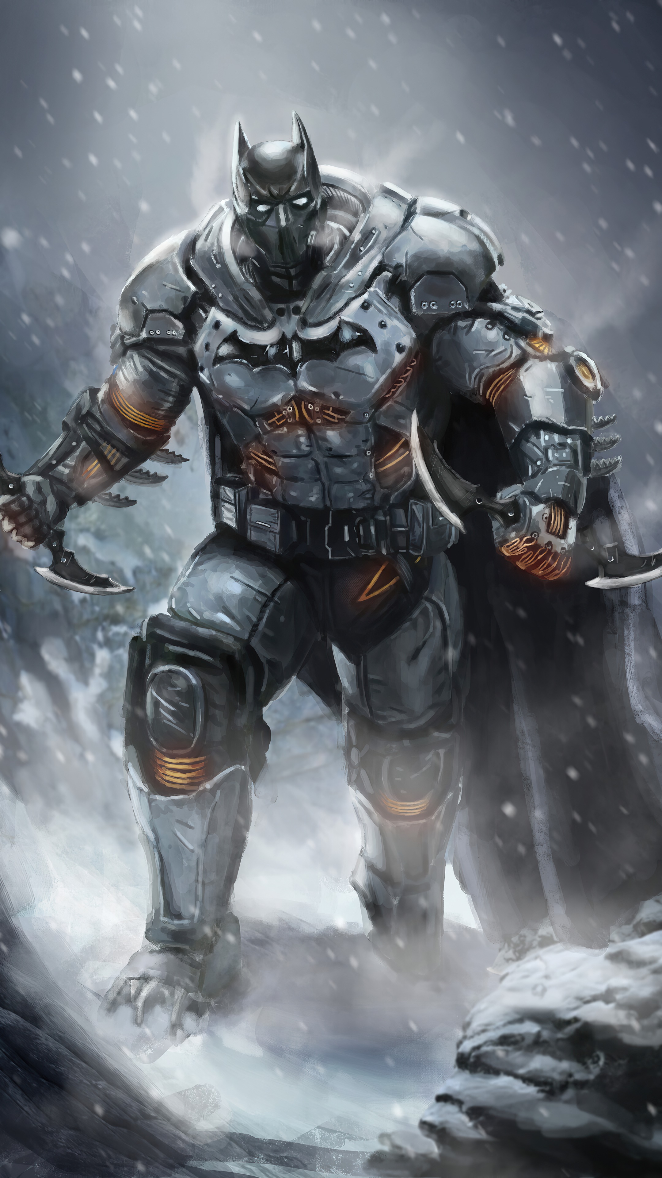 Batman in armored suit with Batarangs in snow HD Phone Wallpaper