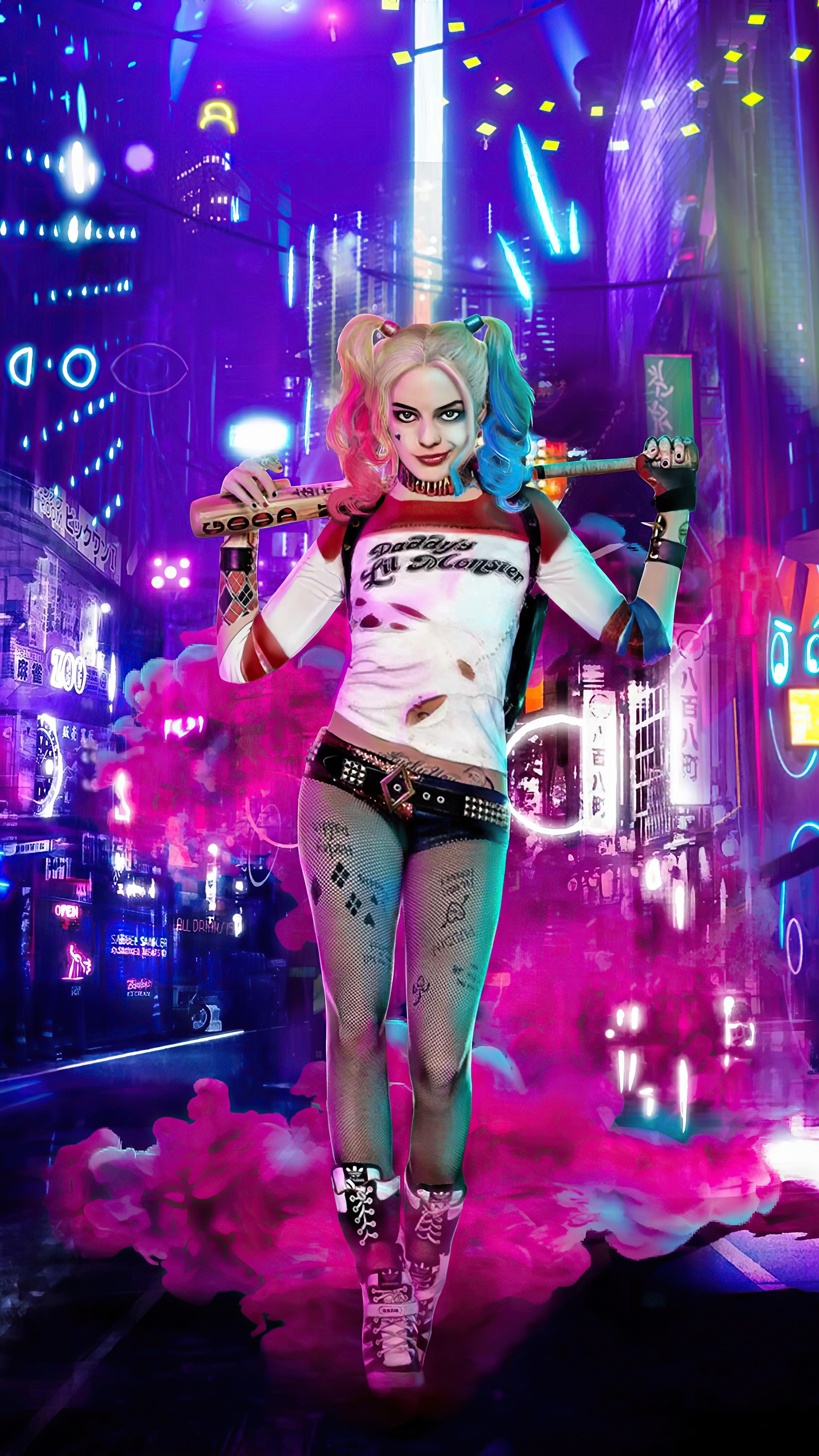 Harley Quinn with Baseball Bat in Neon City HD Phone Wallpaper