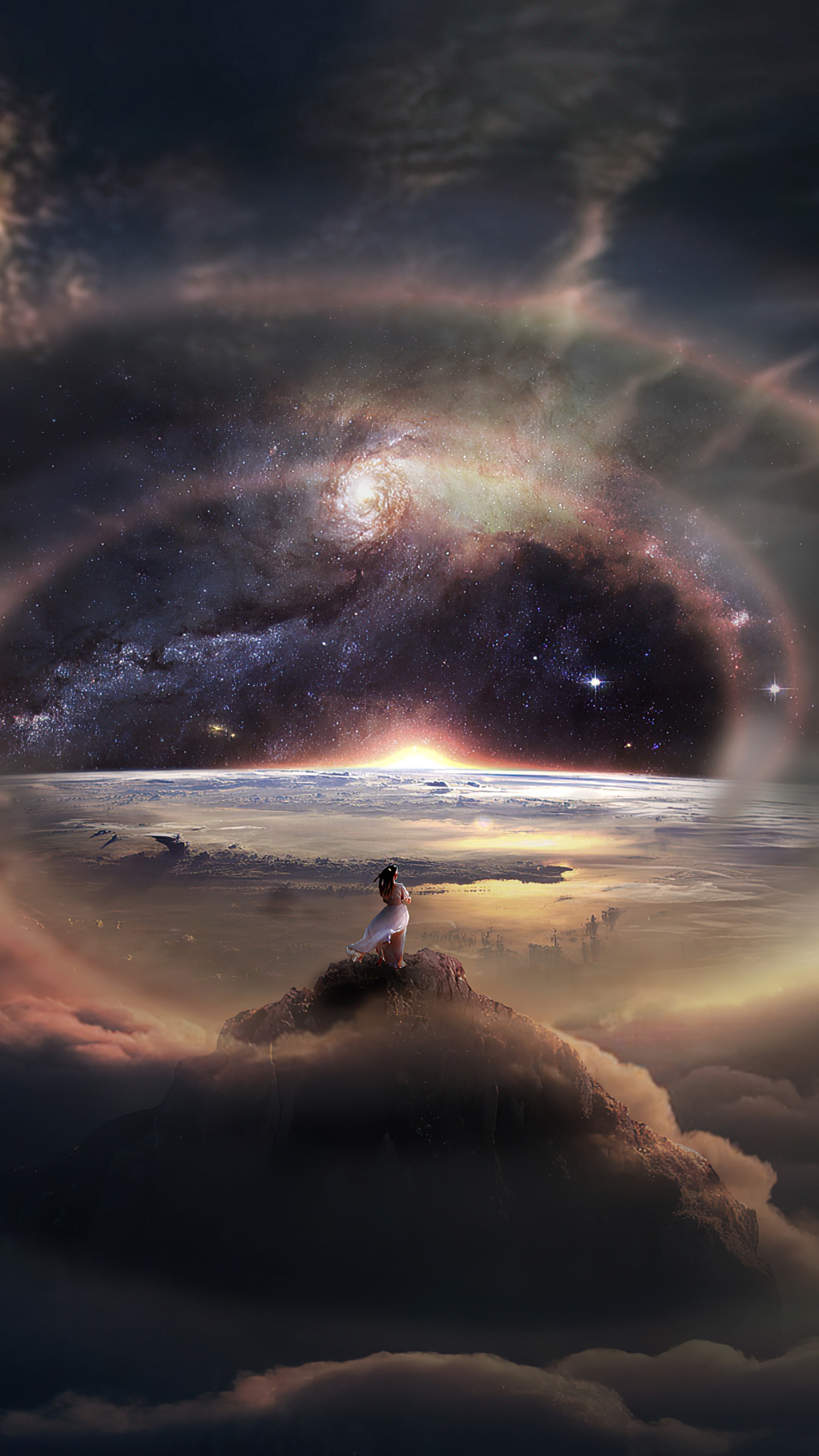 Woman on a cloud overlooking a galaxy HD Phone Wallpaper