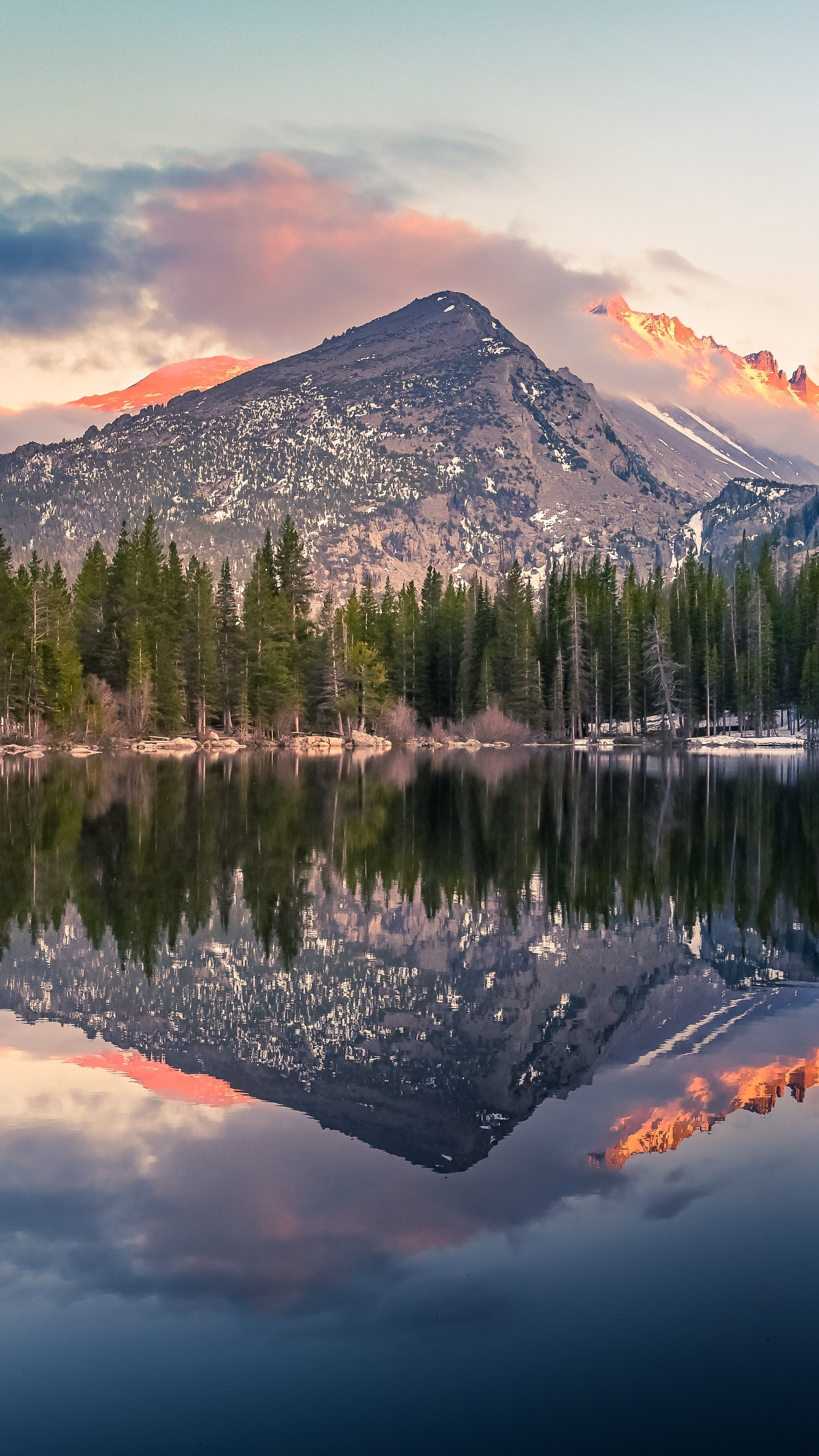 Mountain lake reflection with pine trees and clouds HD Phone Wallpaper