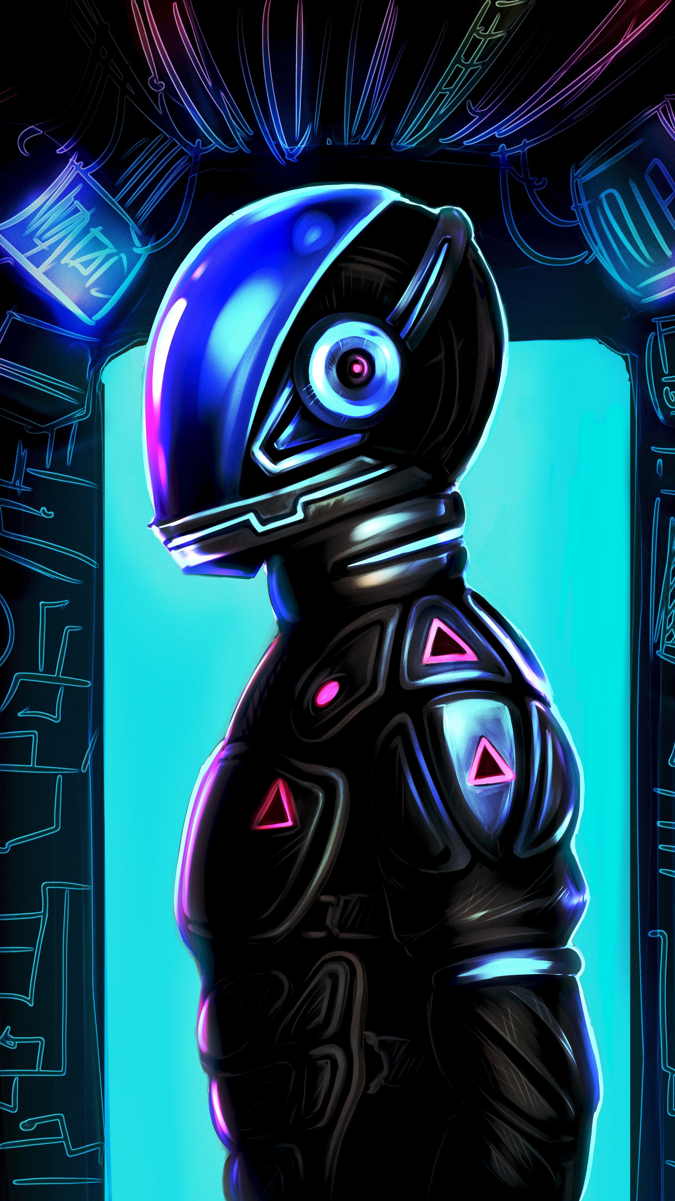 Sci-fi artwork of a robot with a blue helmet HD Phone Wallpaper