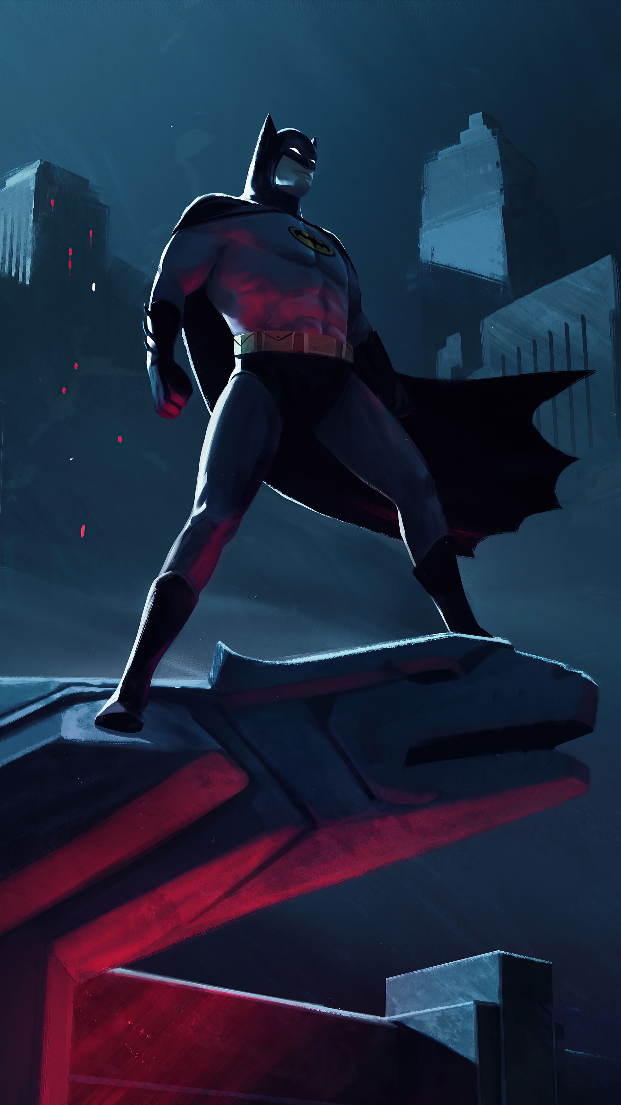 Batman standing on a gargoyle in Gotham City HD Phone Wallpaper