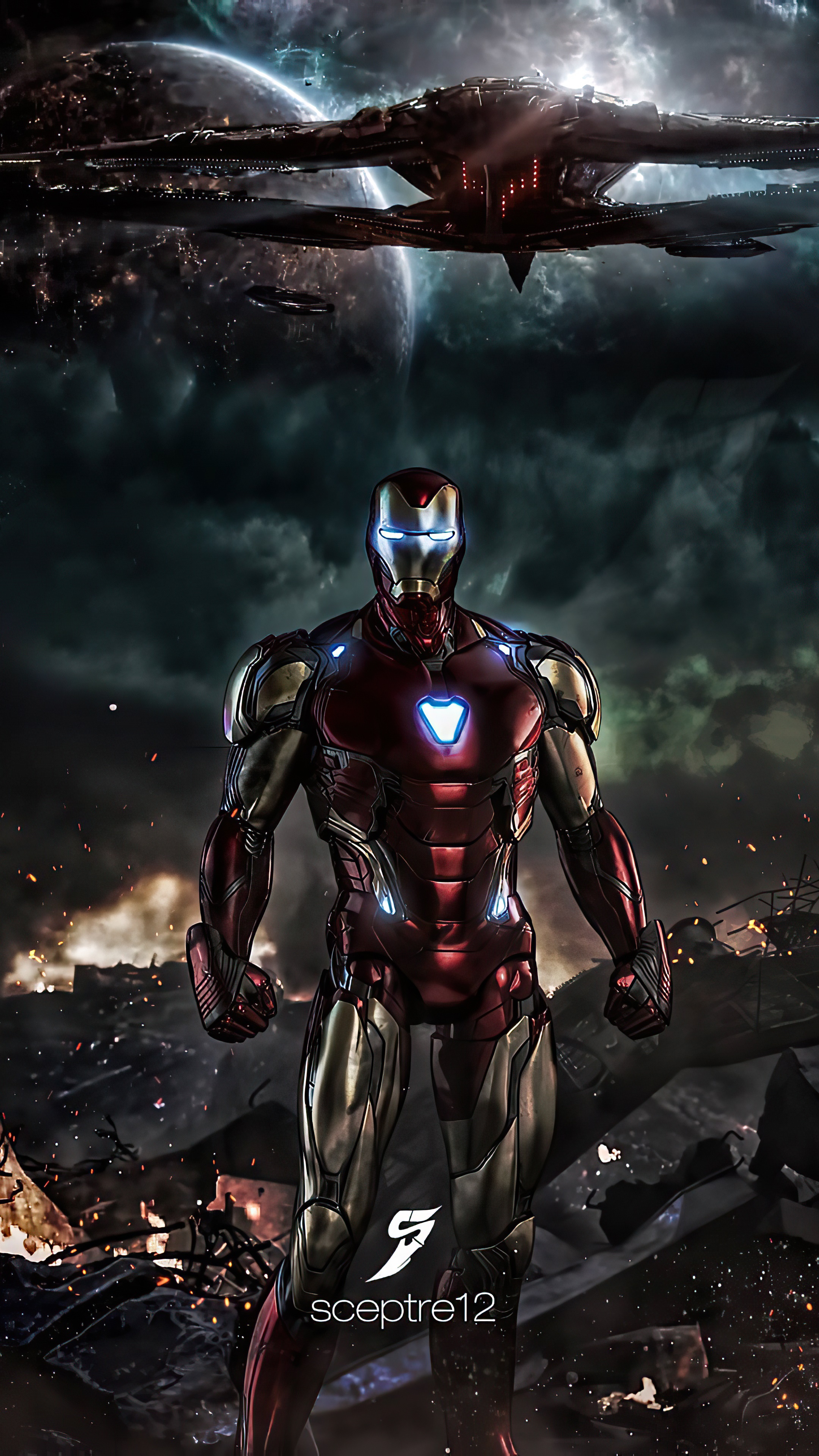 Iron Man in front of a spaceship and planet HD Phone Wallpaper