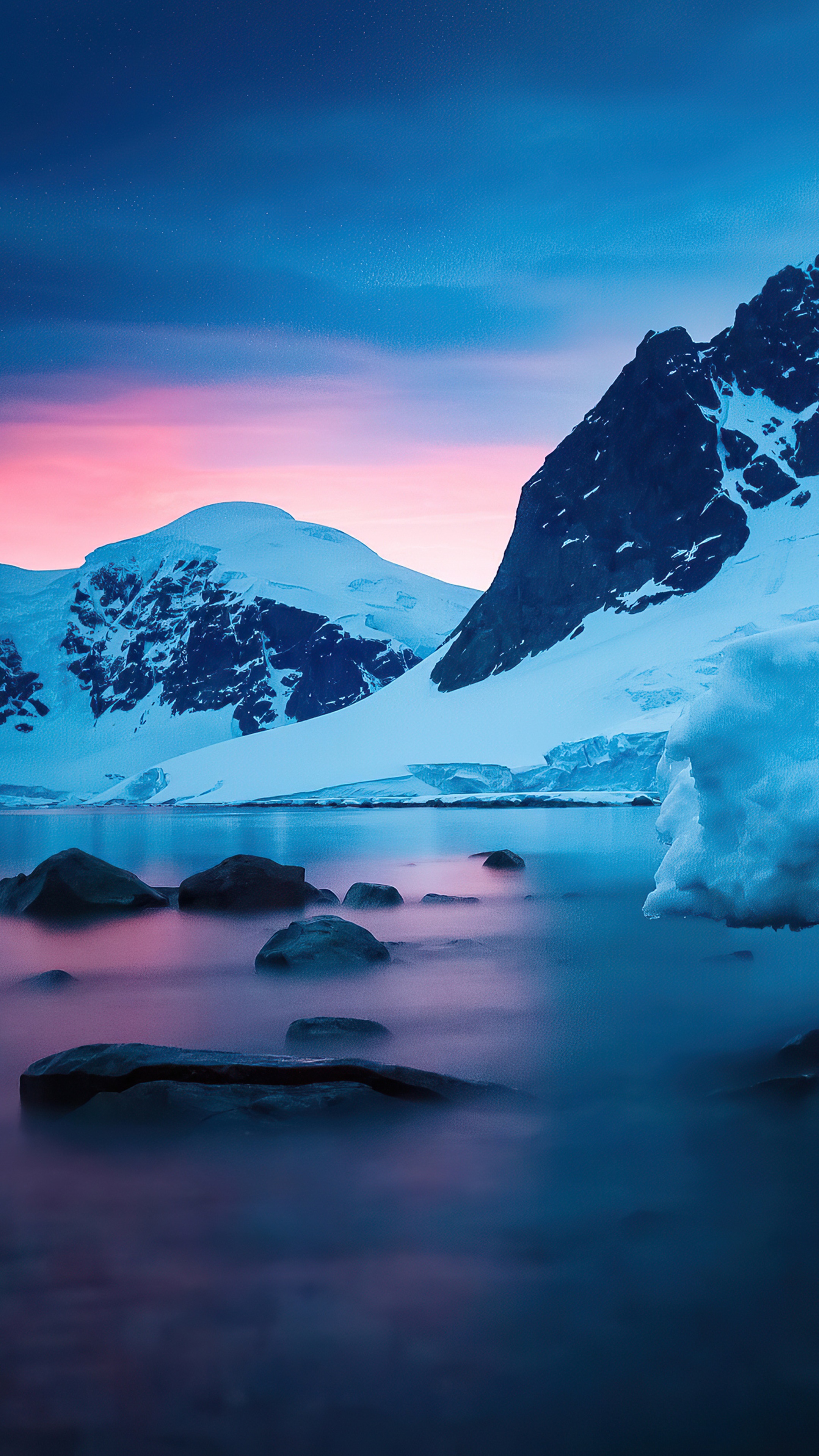 Snowy mountains and ocean at sunset 4K HD Phone Wallpaper
