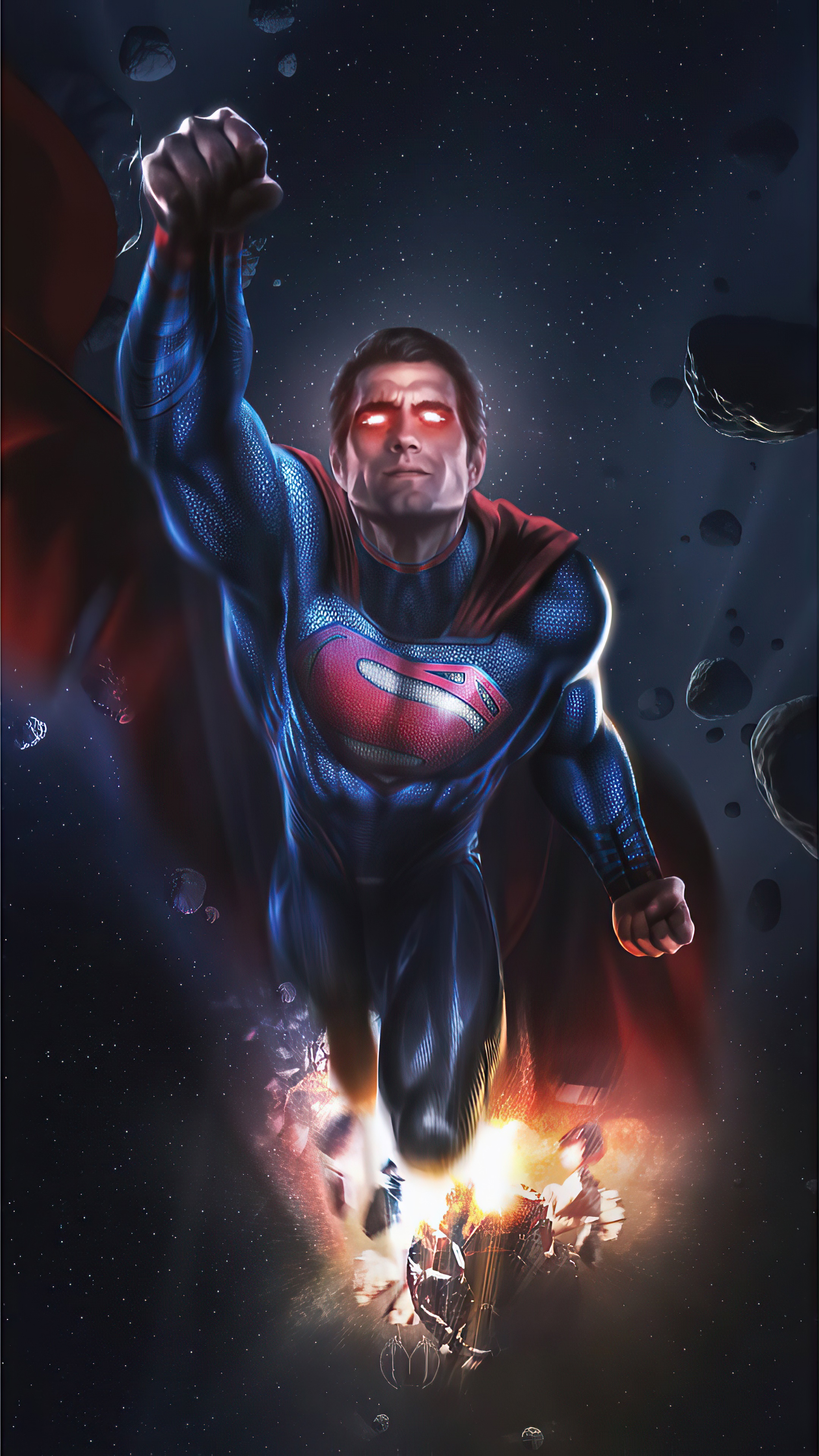 Superman flying through space with red eyes HD Phone Wallpaper