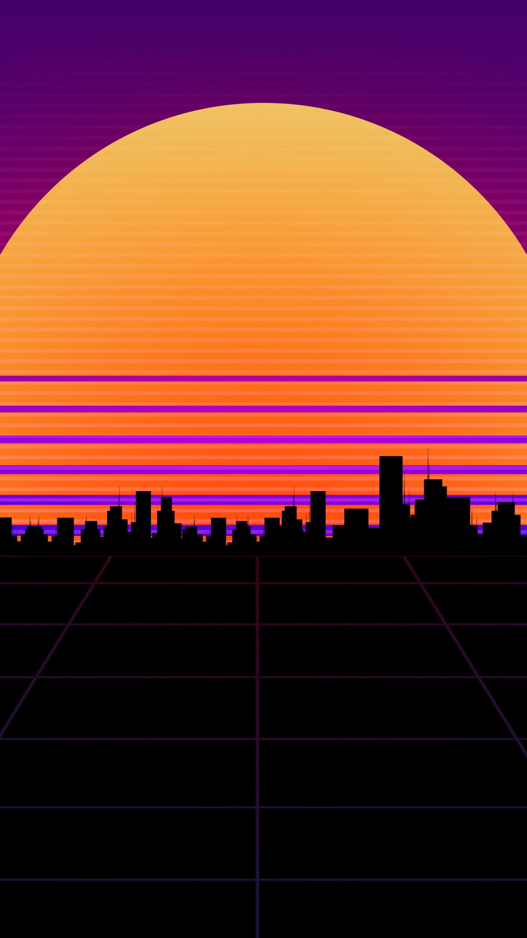 Retrowave cityscape with a large sun HD Phone Wallpaper